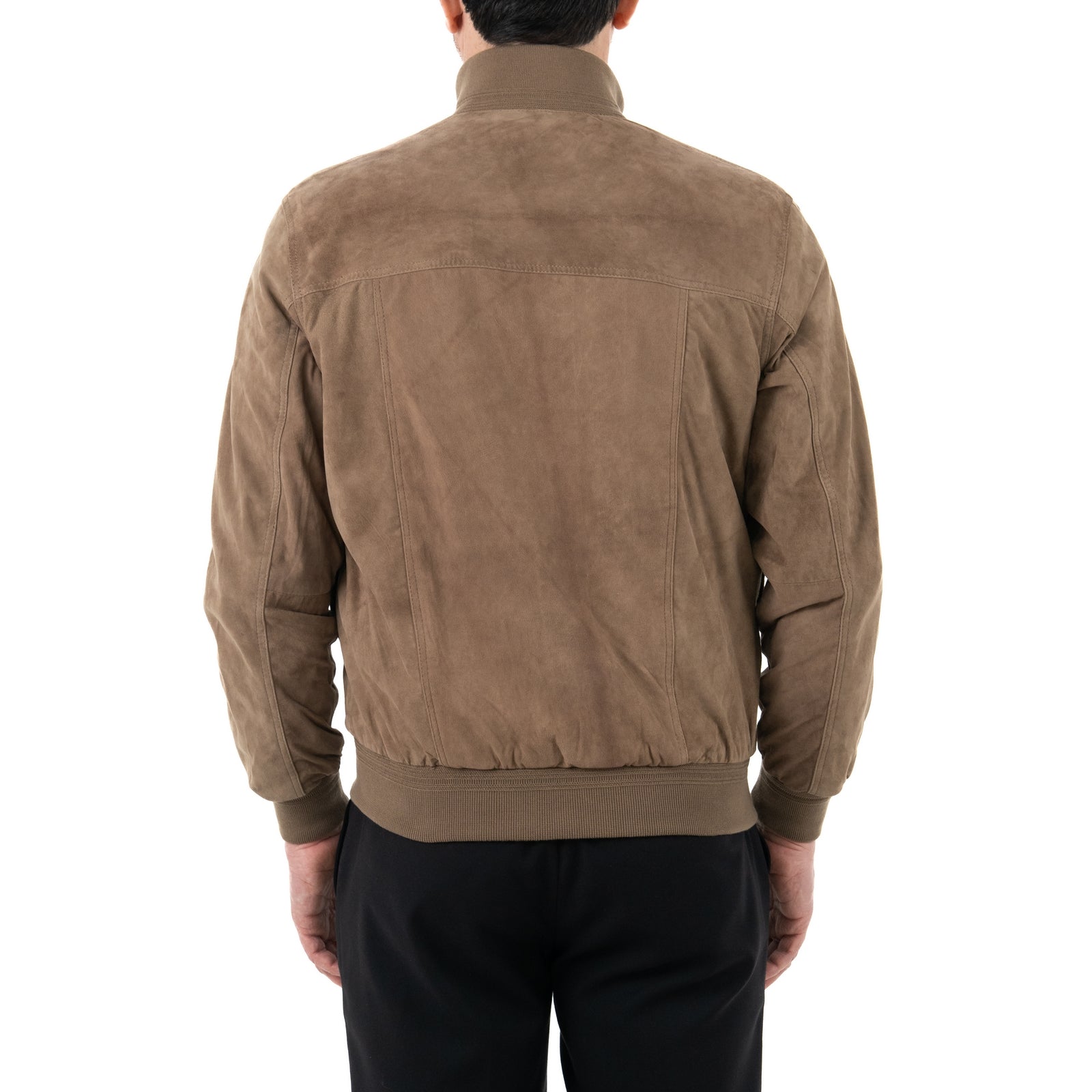 Slim Men's Bomber Jacket In Genuine Leather Suede Taupe With Buttons And Big Pockets Rindway