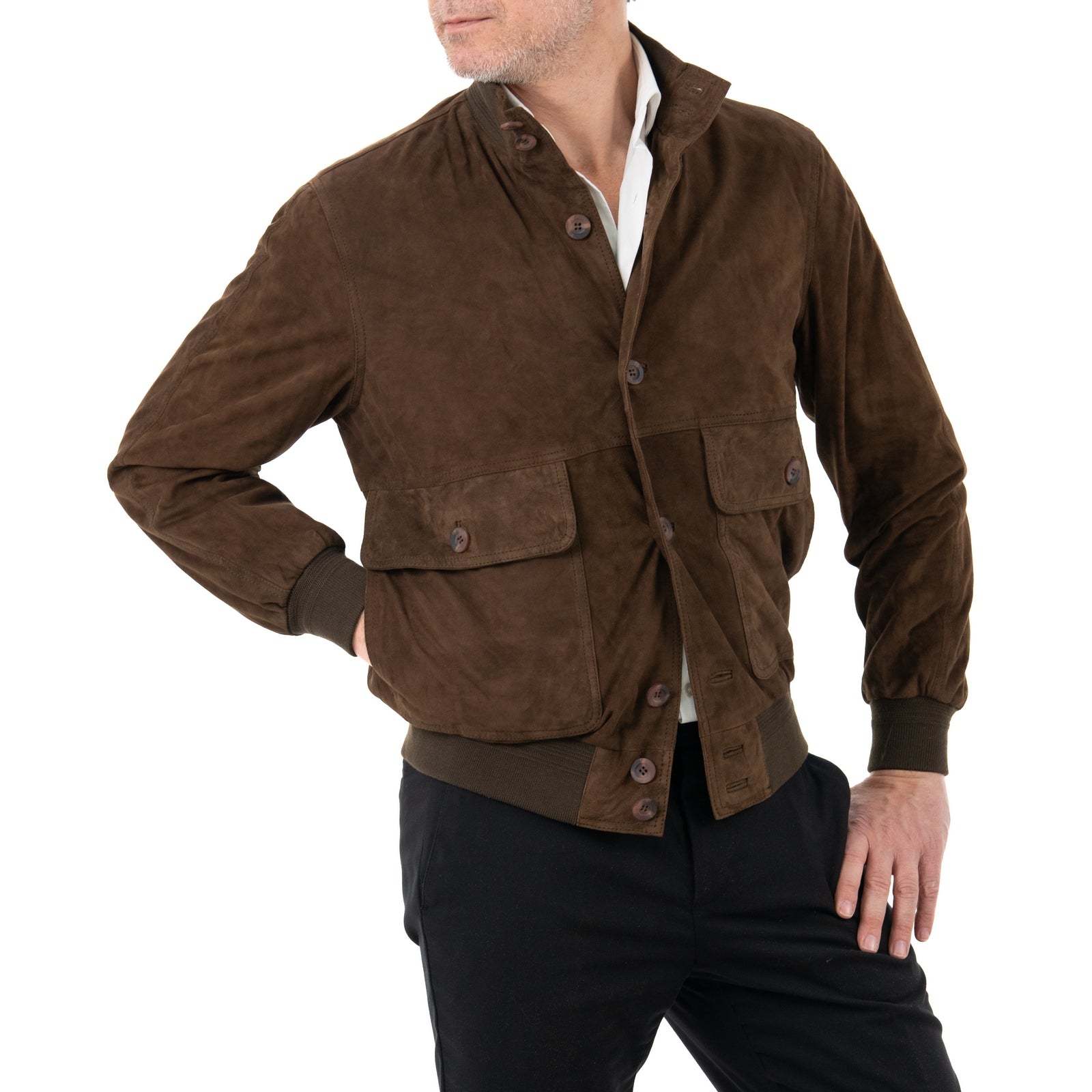 Giacca Bomber In Vera Pelle Camoscio Light MARRONE Uomo Slim Con Bottoni E Tasconi Rindway