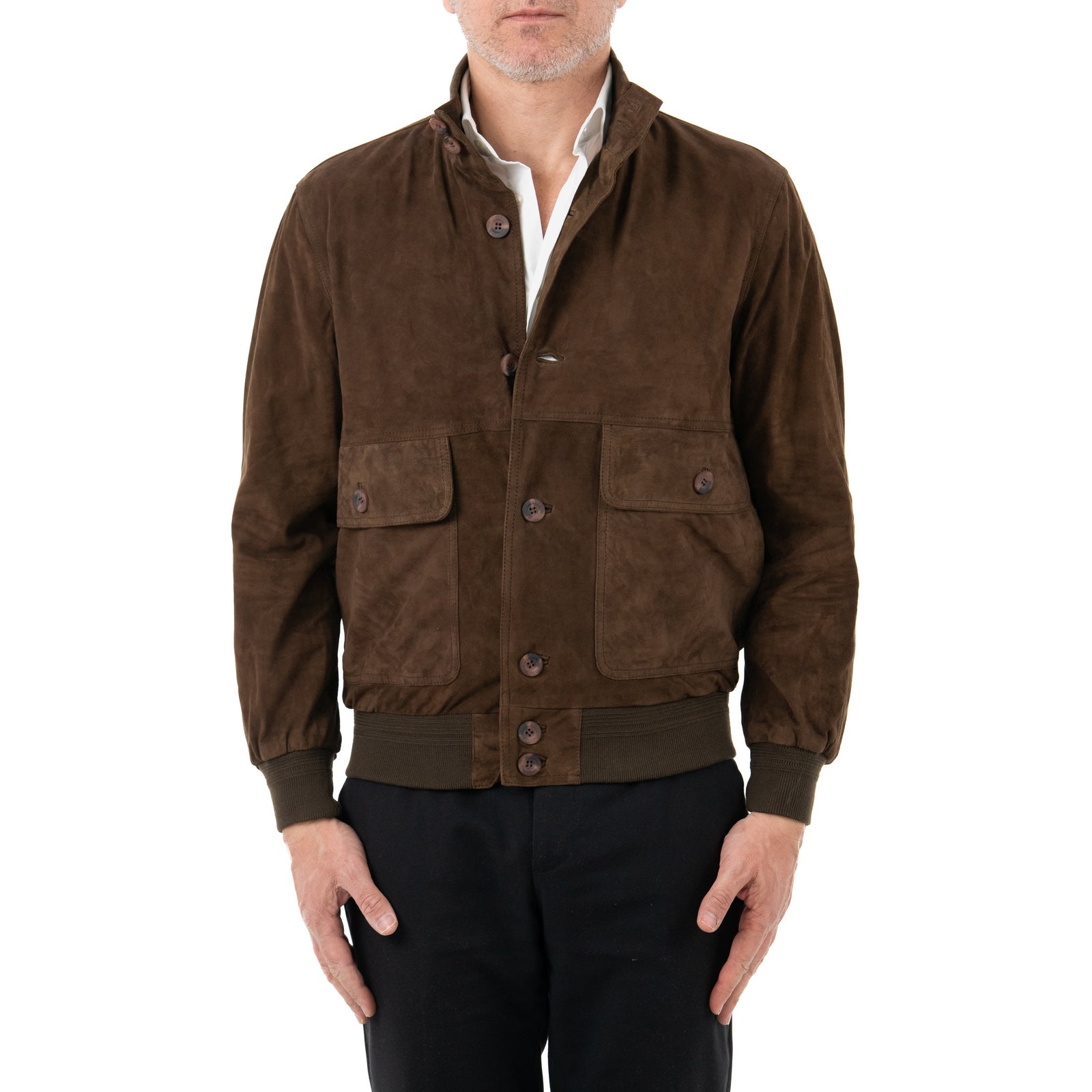 Giacca Bomber In Vera Pelle Camoscio Light MARRONE Uomo Slim Con Bottoni E Tasconi Rindway