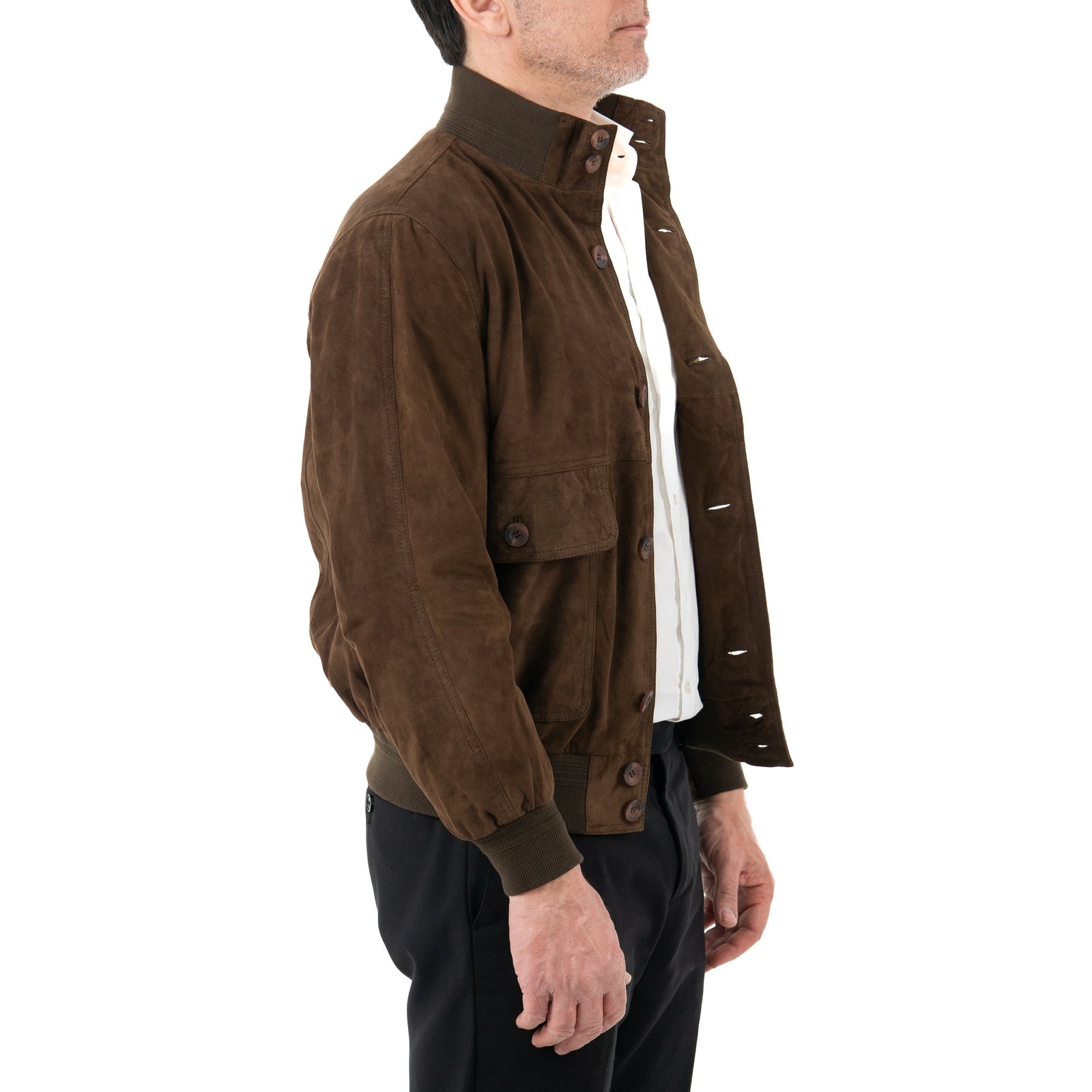 Giacca Bomber In Vera Pelle Camoscio Light MARRONE Uomo Slim Con Bottoni E Tasconi Rindway