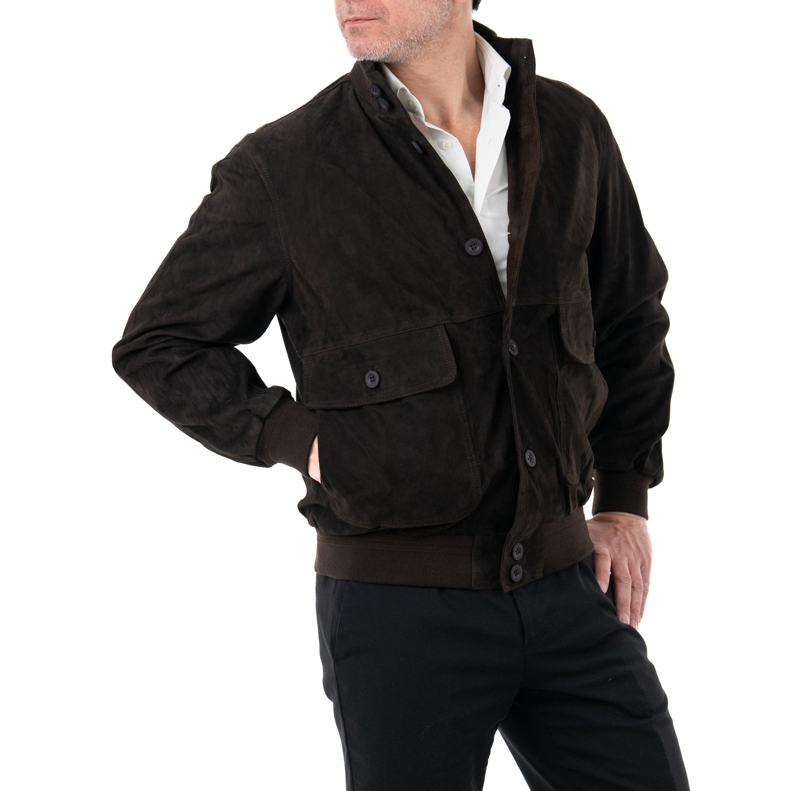 Giacca Bomber In Vera Pelle Camoscio Light Testa Di Moro Uomo Slim Con Bottoni E Tasconi Rindway