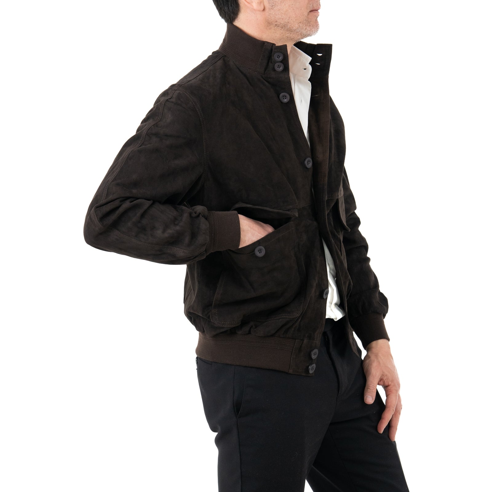 Giacca Bomber In Vera Pelle Camoscio Light Testa Di Moro Uomo Slim Con Bottoni E Tasconi Rindway