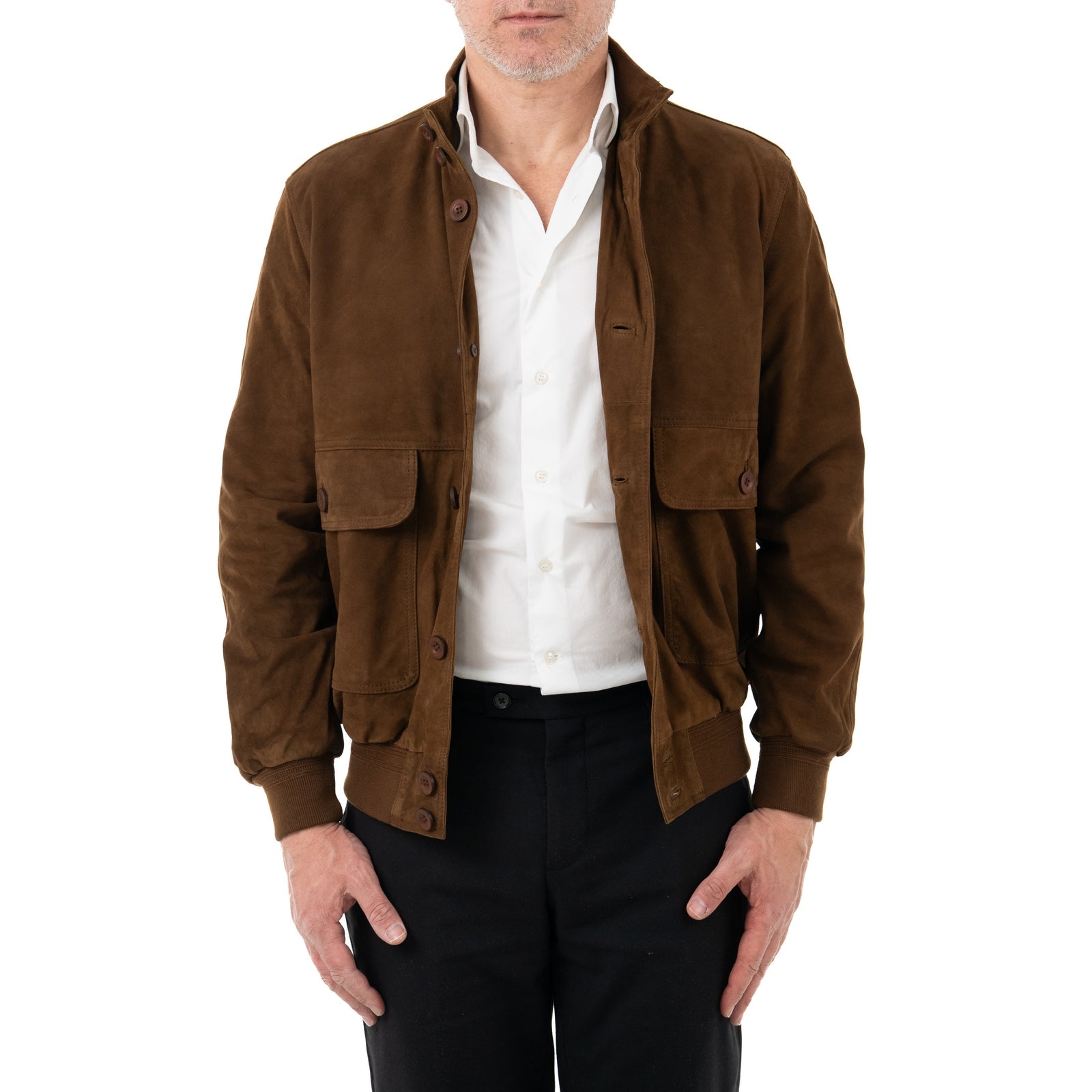 Giacca Bomber In Vera Pelle Camoscio Light Castagna Uomo Slim Con Bottoni E Tasconi Rindway