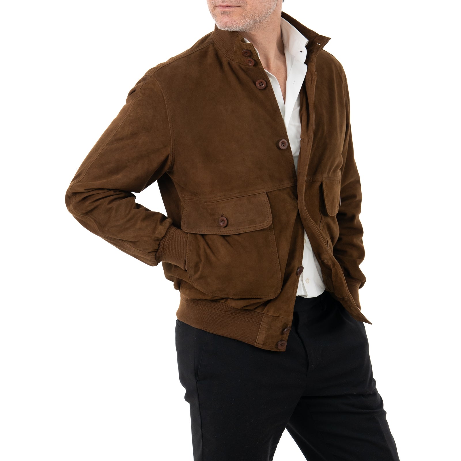 Giacca Bomber In Vera Pelle Camoscio Light Castagna Uomo Slim Con Bottoni E Tasconi Rindway
