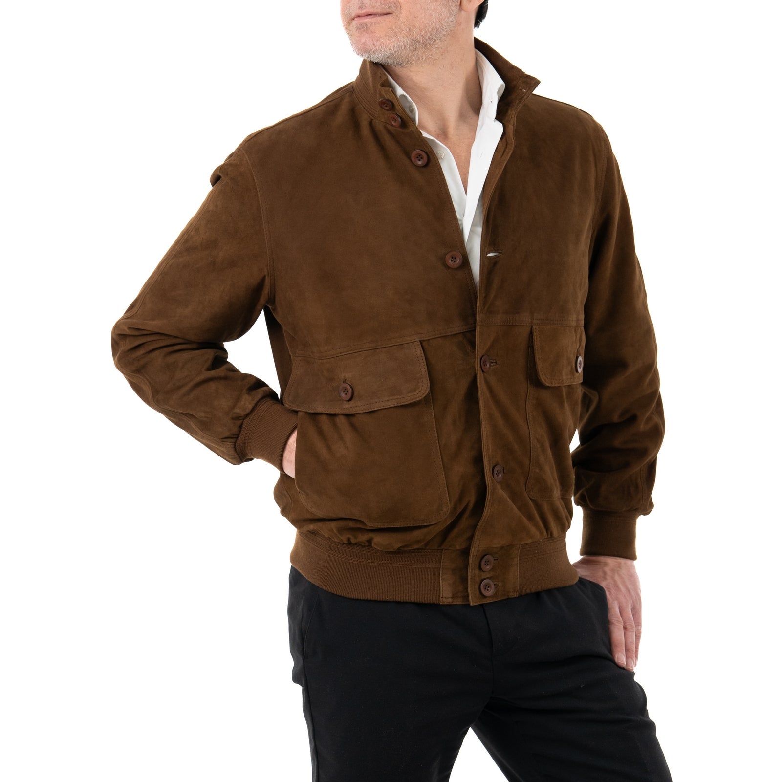 Giacca Bomber In Vera Pelle Camoscio Light Castagna Uomo Slim Con Bottoni E Tasconi Rindway