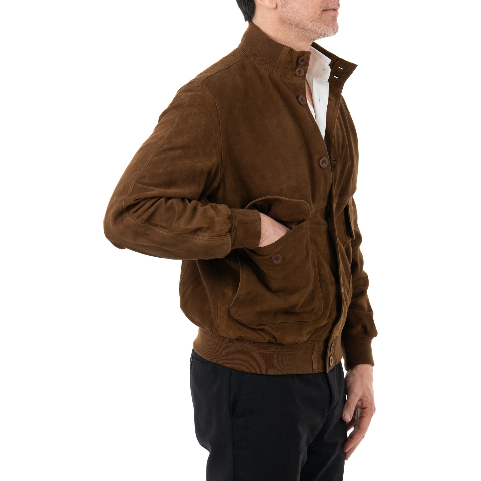 Giacca Bomber In Vera Pelle Camoscio Light Castagna Uomo Slim Con Bottoni E Tasconi Rindway
