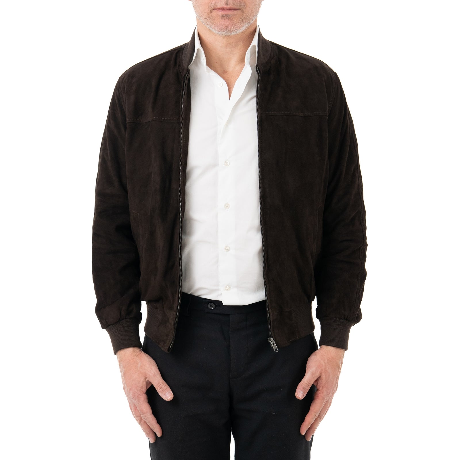 Giacca Bomber In Vera Pelle Camoscio Light Testa Di Moro Uomo Slim Con Cerniera Rindway
