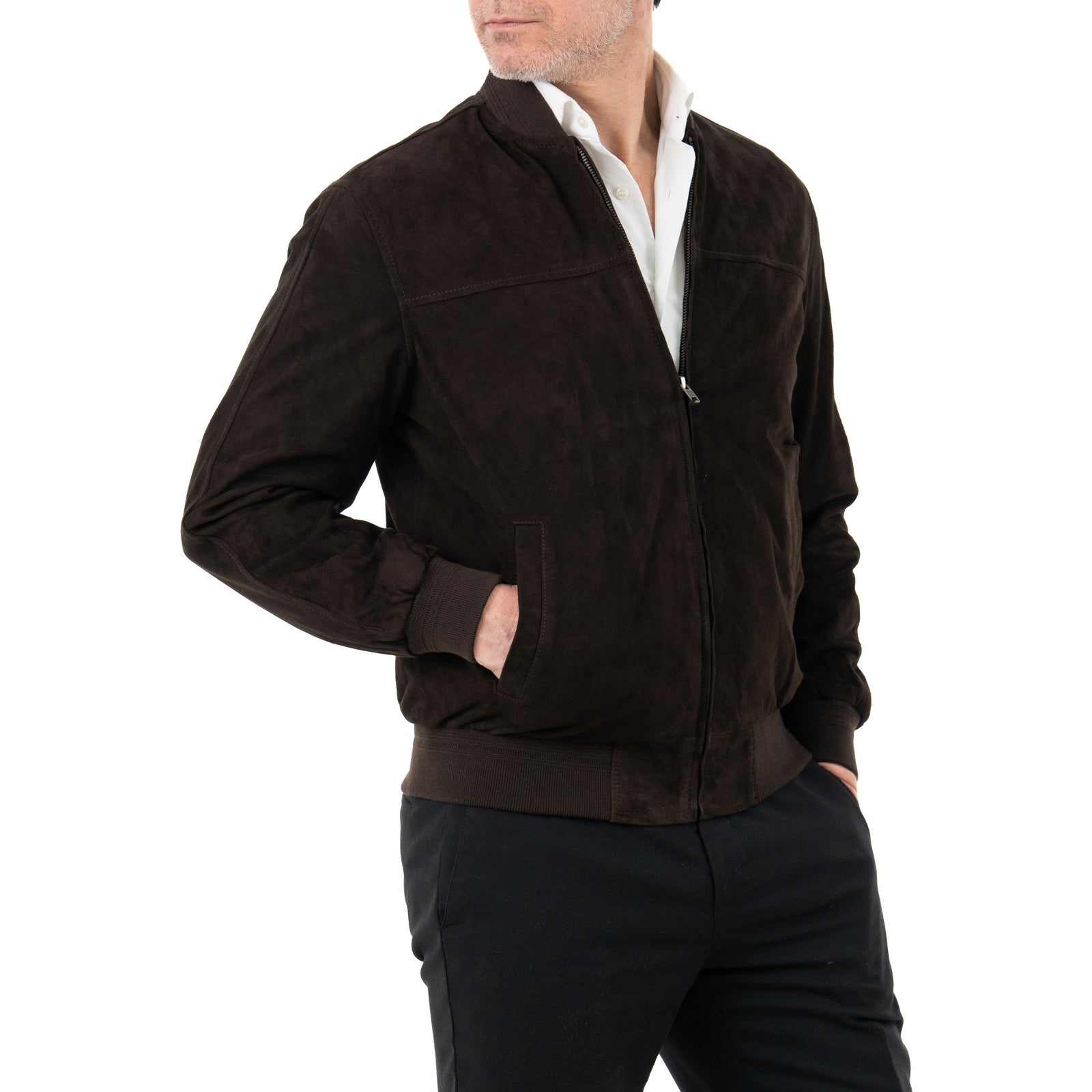 Giacca Bomber In Vera Pelle Camoscio Light Testa Di Moro Uomo Slim Con Cerniera Rindway