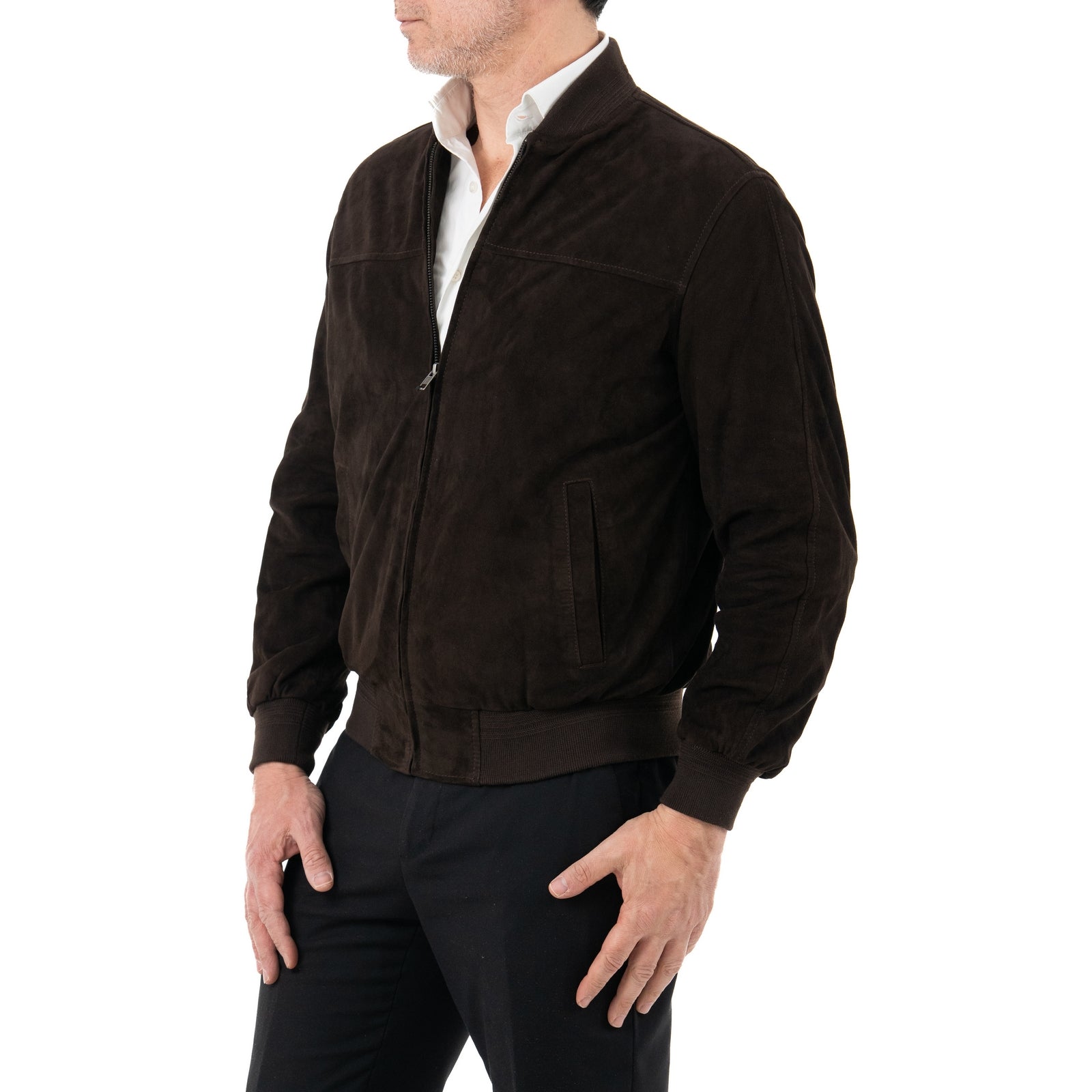 Giacca Bomber In Vera Pelle Camoscio Light Testa Di Moro Uomo Slim Con Cerniera Rindway