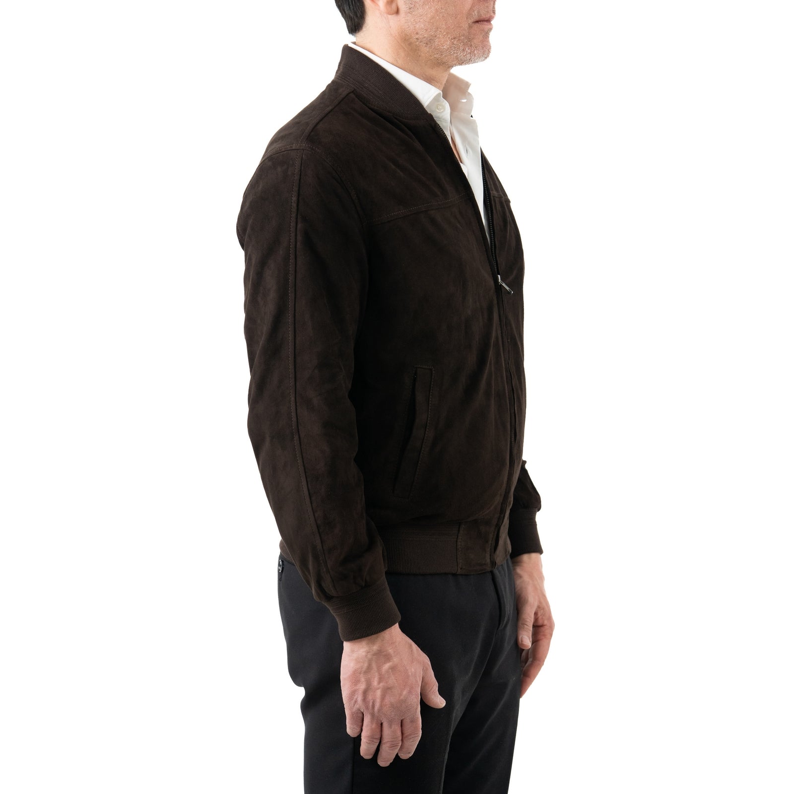 Giacca Bomber In Vera Pelle Camoscio Light Testa Di Moro Uomo Slim Con Cerniera Rindway