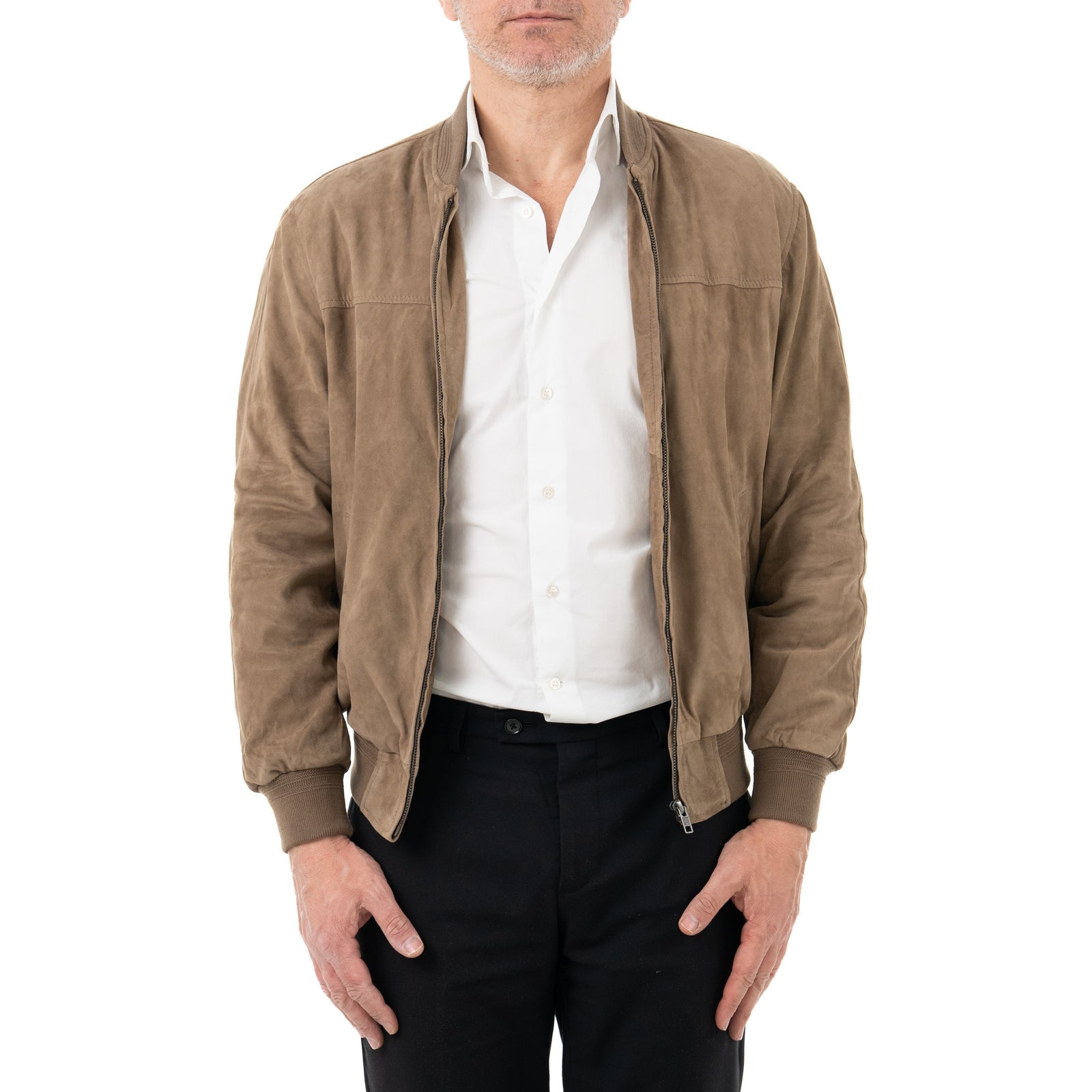 Giacca Bomber In Vera Pelle Camoscio Light Taupe Uomo Slim Con Cerniera Rindway