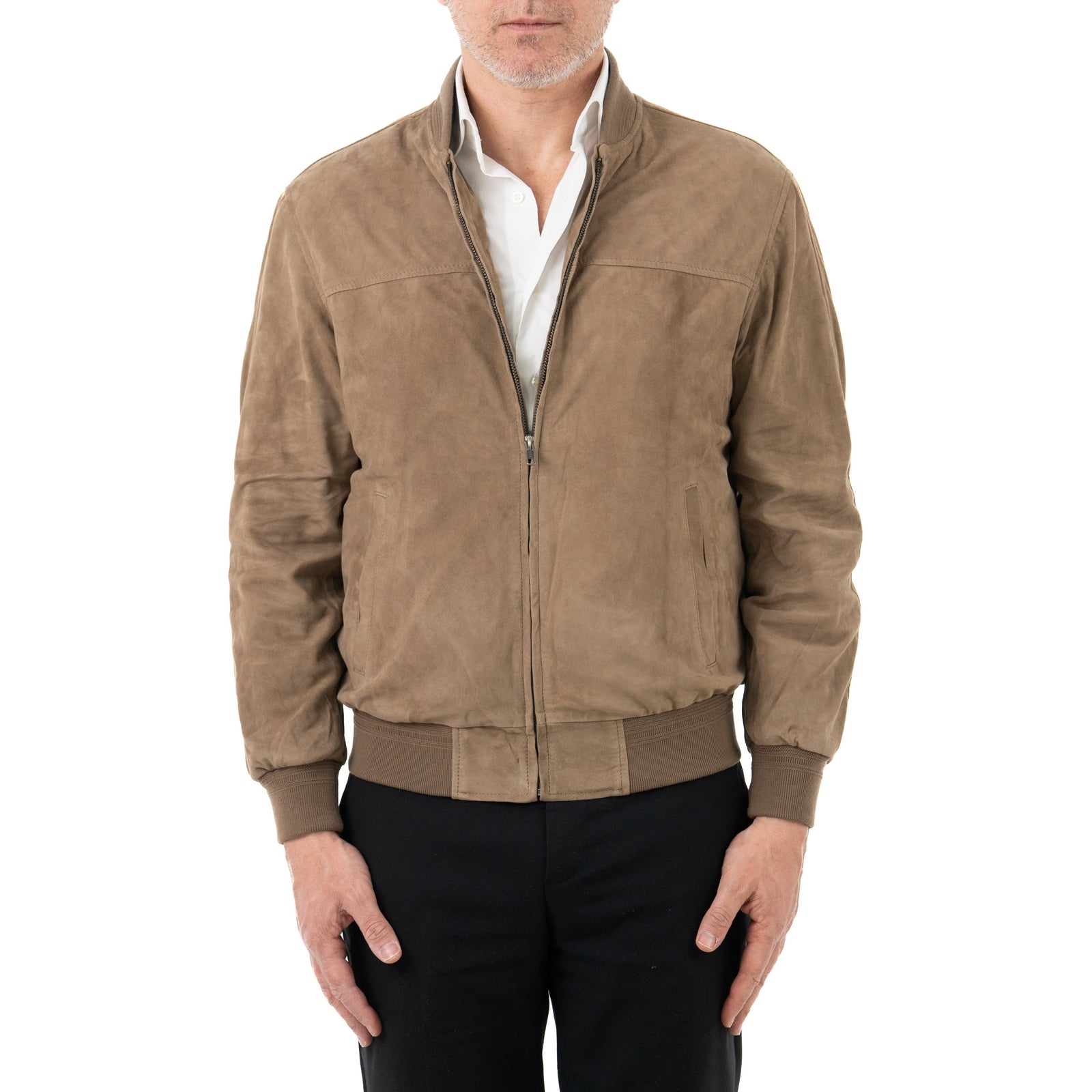 Giacca Bomber In Vera Pelle Camoscio Light Taupe Uomo Slim Con Cerniera Rindway