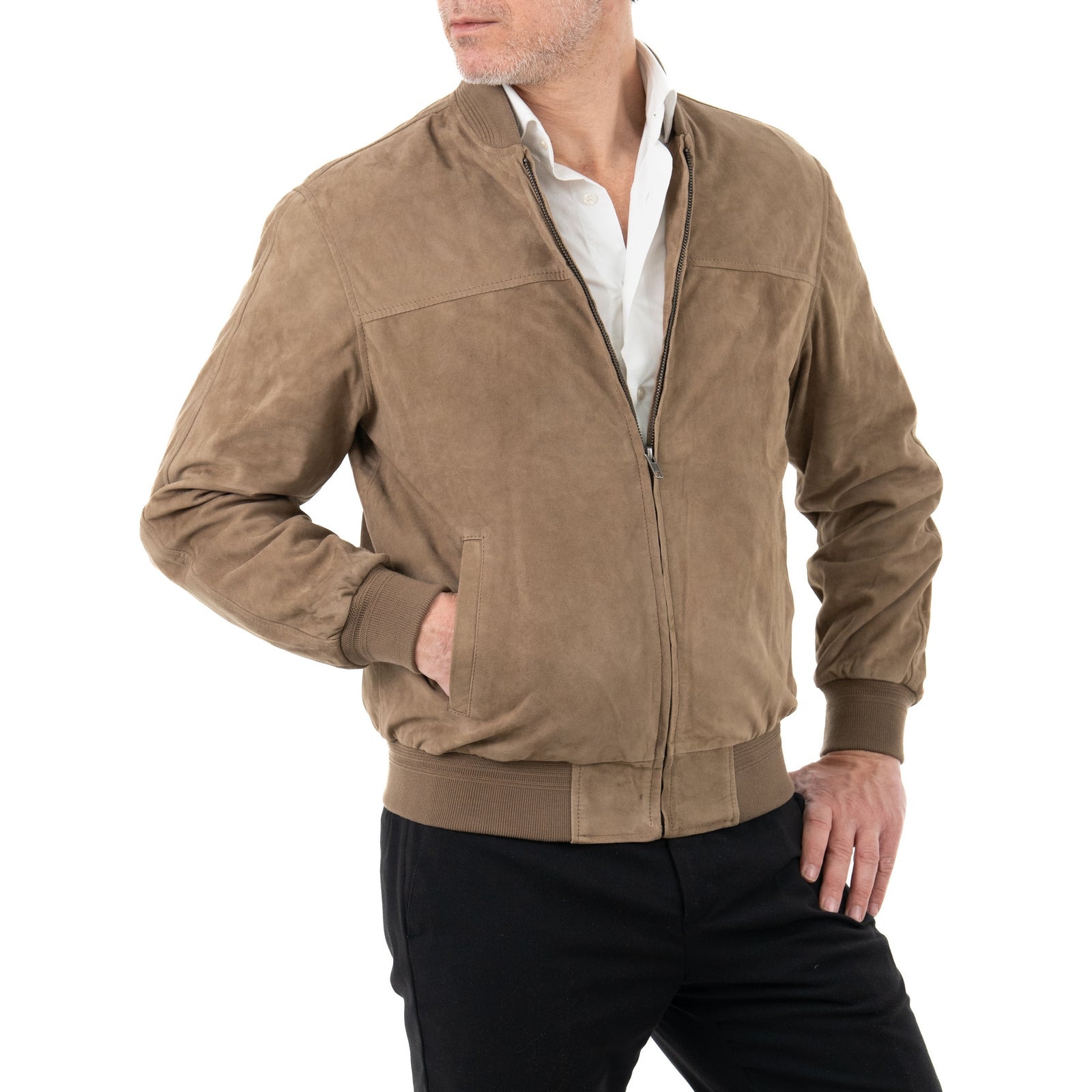 Giacca Bomber In Vera Pelle Camoscio Light Taupe Uomo Slim Con Cerniera Rindway