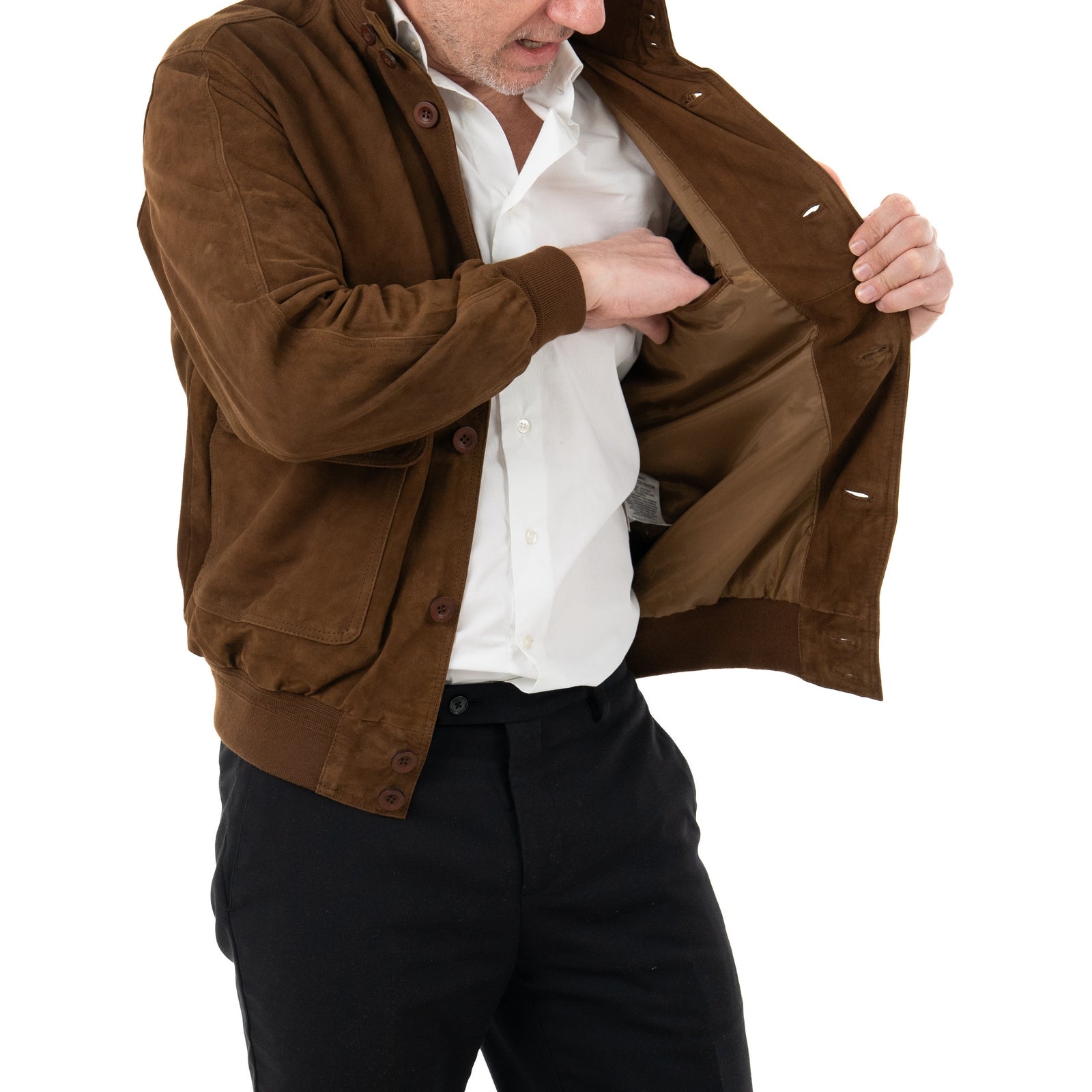 Giacca Bomber In Vera Pelle Camoscio Light Castagna Uomo Slim Con Bottoni E Tasconi Rindway