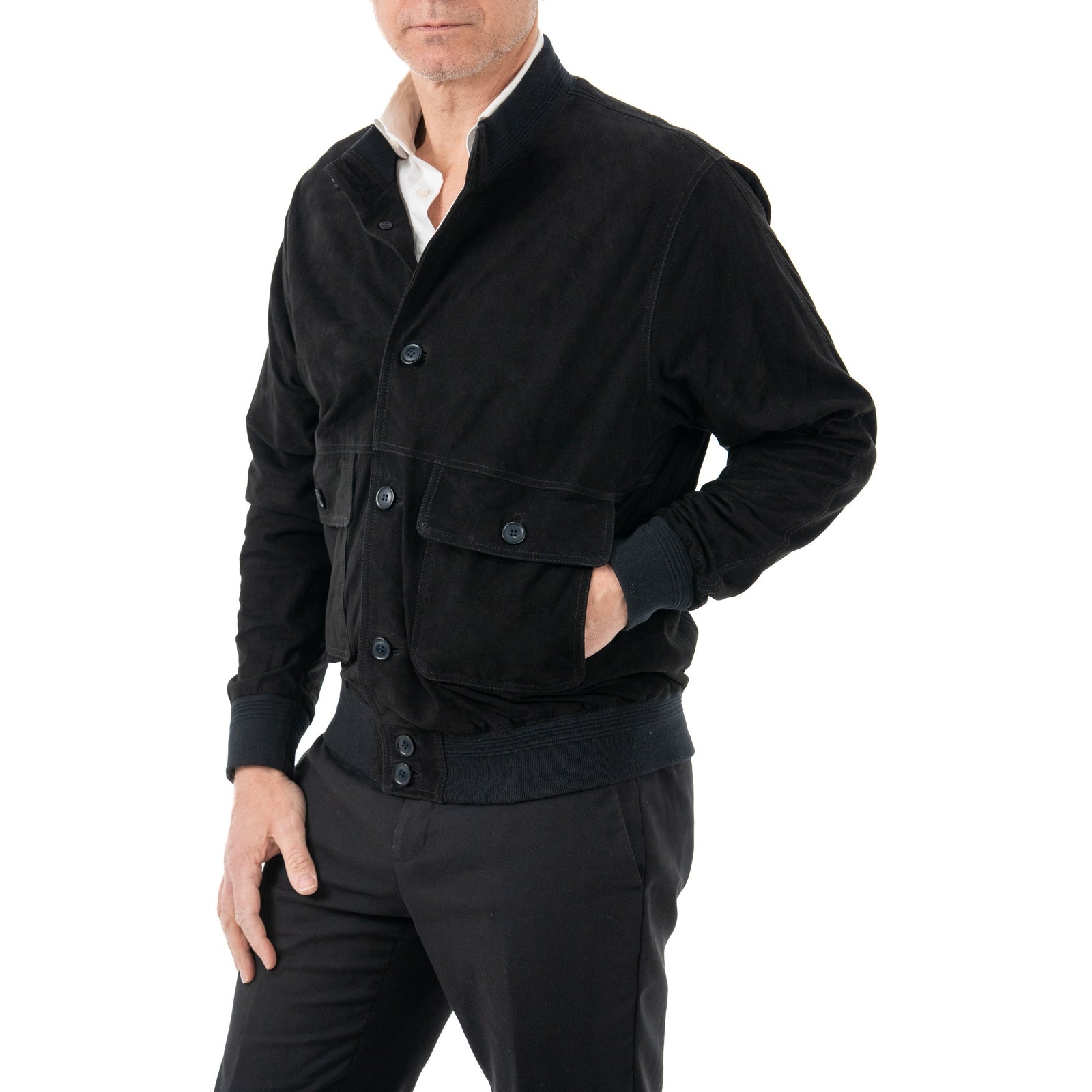 Giacca Bomber In Vera Pelle Camoscio Light Notte Uomo Slim Con Bottoni E Tasconi Rindway