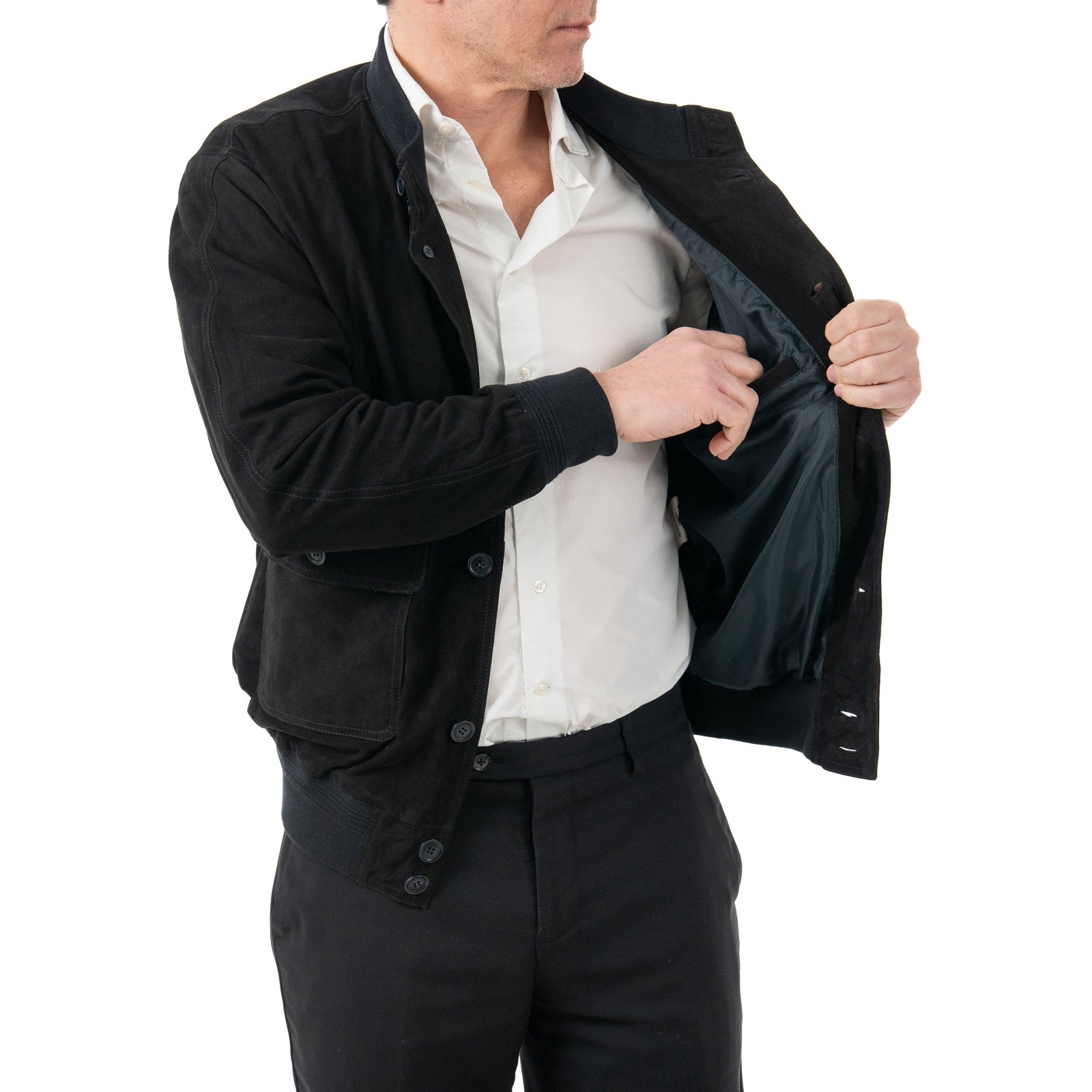 Giacca Bomber In Vera Pelle Camoscio Light Notte Uomo Slim Con Bottoni E Tasconi Rindway