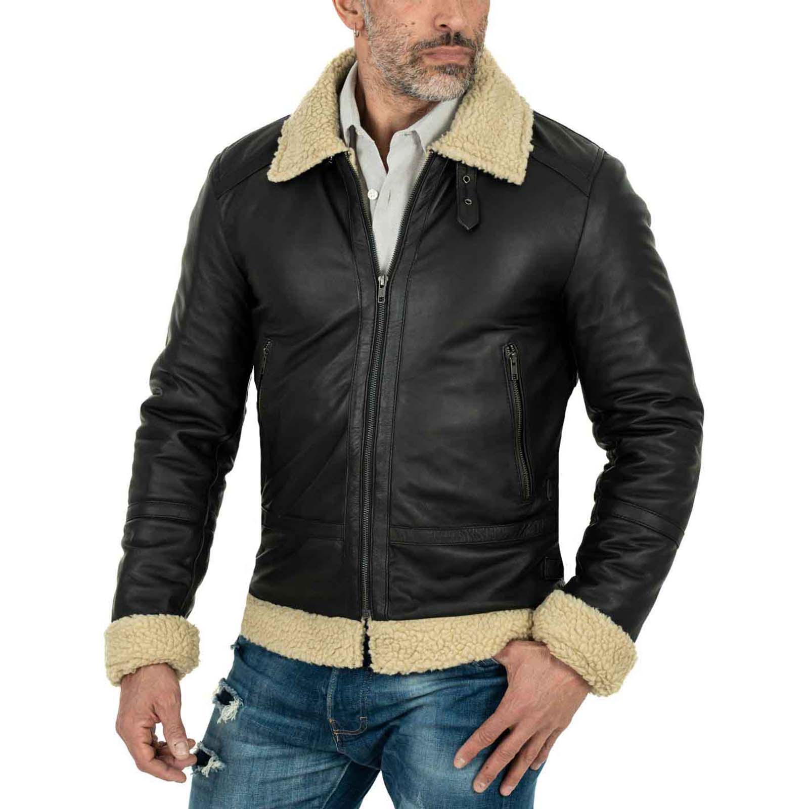 Slim Men's Black Genuine Leather Biker Jacket In Sheepskin Style Collar With Rindway Buckle