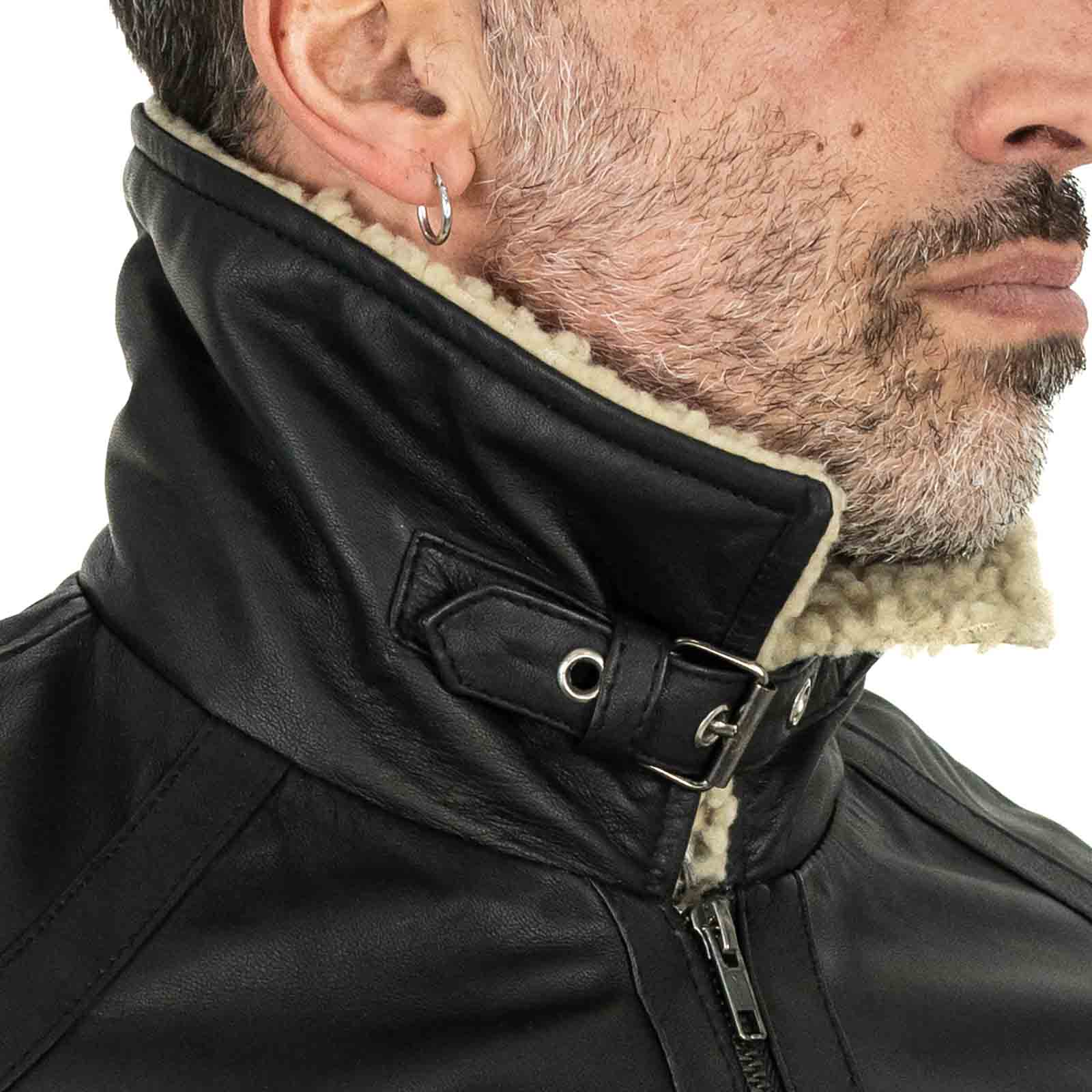 Giacca Biker In Vera Pelle Nera Uomo Slim In Stile Montone Collo Con Fibbia Rindway