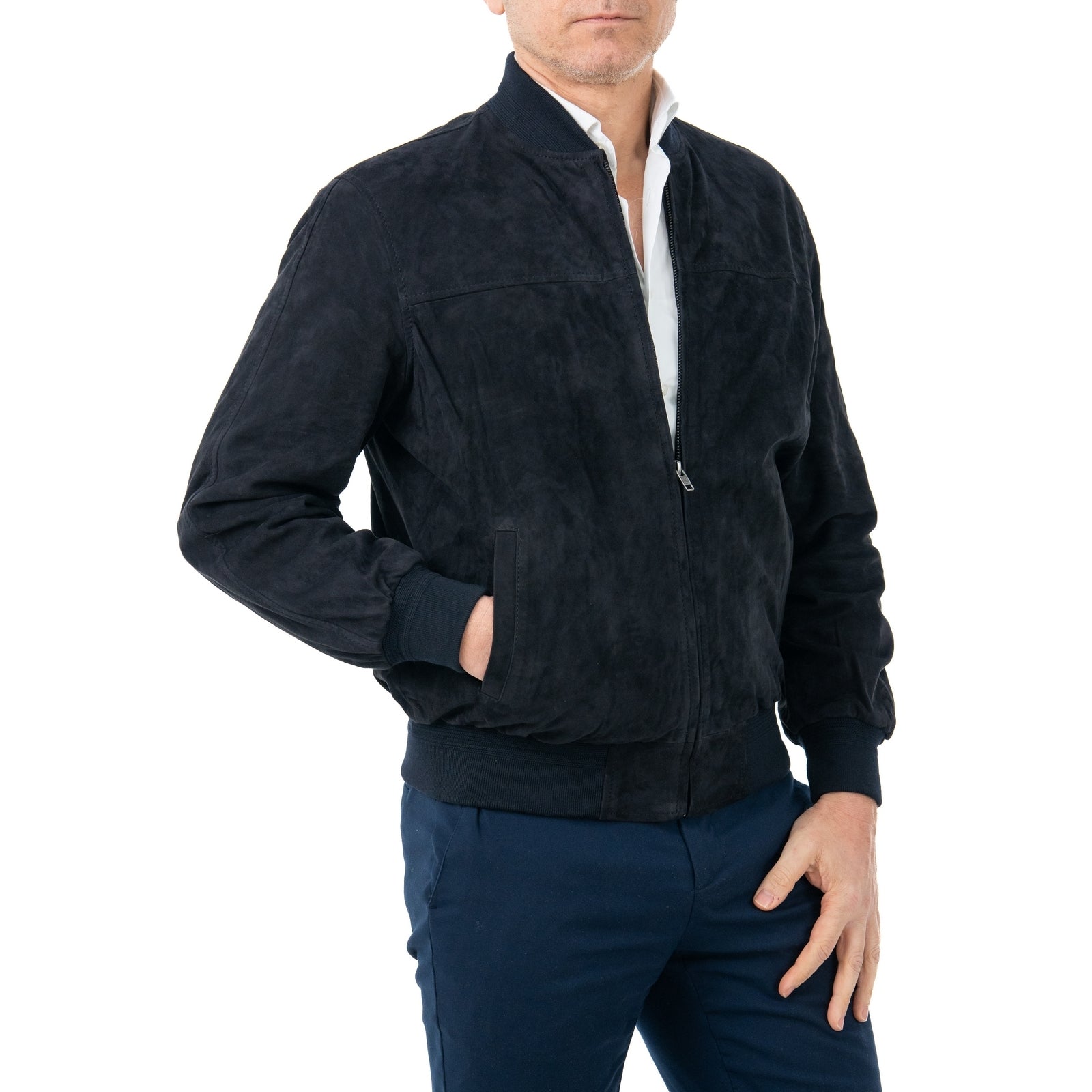 Giacca Bomber In Vera Pelle Camoscio Light BLU Uomo Slim Con Cerniera Rindway