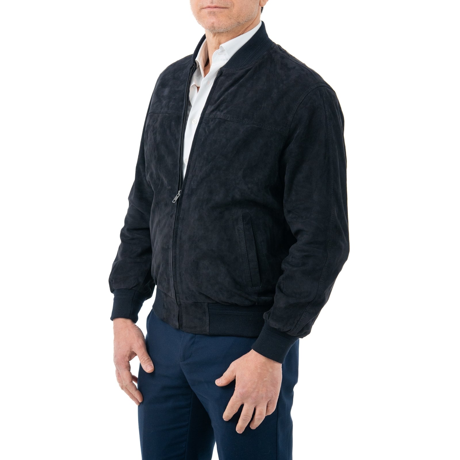 Giacca Bomber In Vera Pelle Camoscio Light BLU Uomo Slim Con Cerniera Rindway
