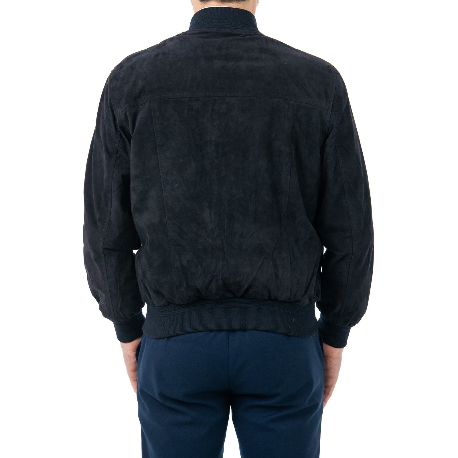 Giacca Bomber In Vera Pelle Camoscio Light BLU Uomo Slim Con Cerniera Rindway