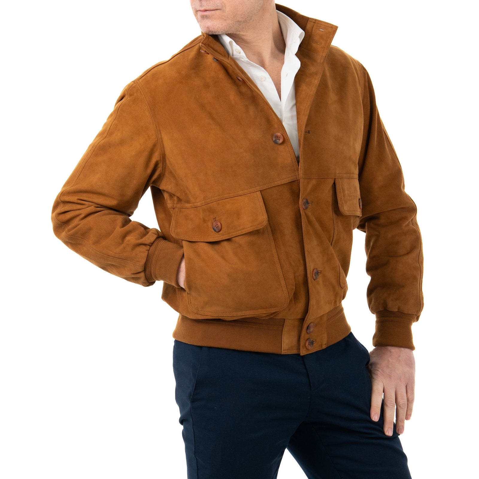 Giacca Bomber In Vera Pelle Camoscio Light Cognac Uomo Slim Con Bottoni E Tasconi Rindway