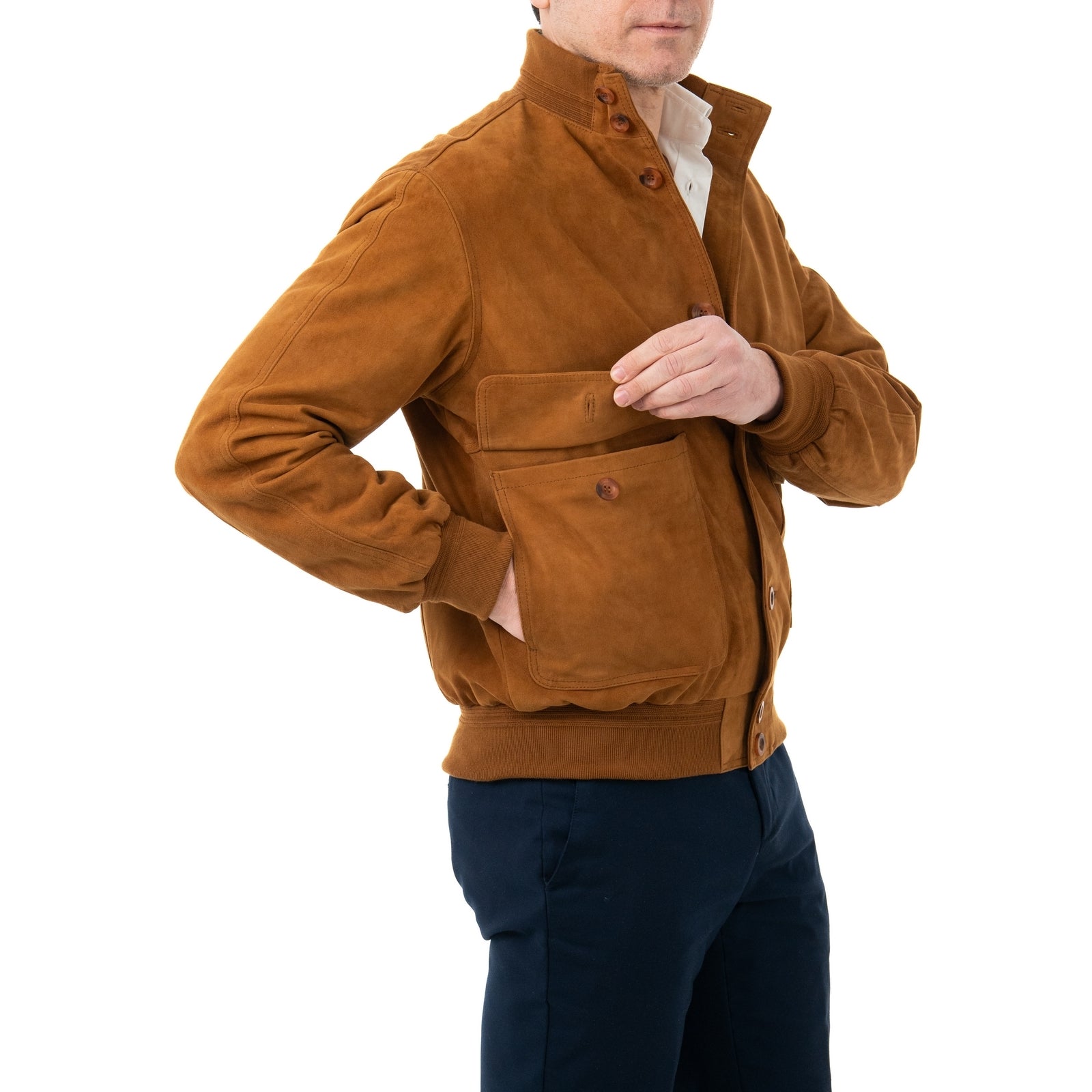 Giacca Bomber In Vera Pelle Camoscio Light Cognac Uomo Slim Con Bottoni E Tasconi Rindway