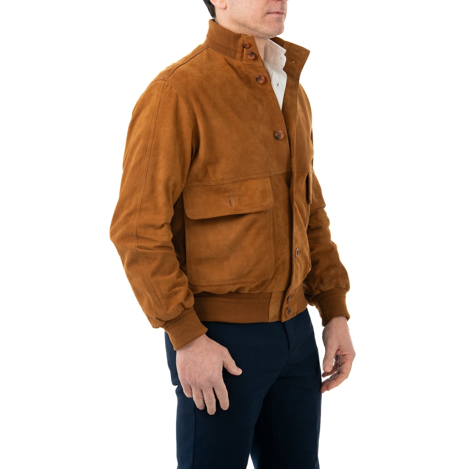 Giacca Bomber In Vera Pelle Camoscio Light Cognac Uomo Slim Con Bottoni E Tasconi Rindway