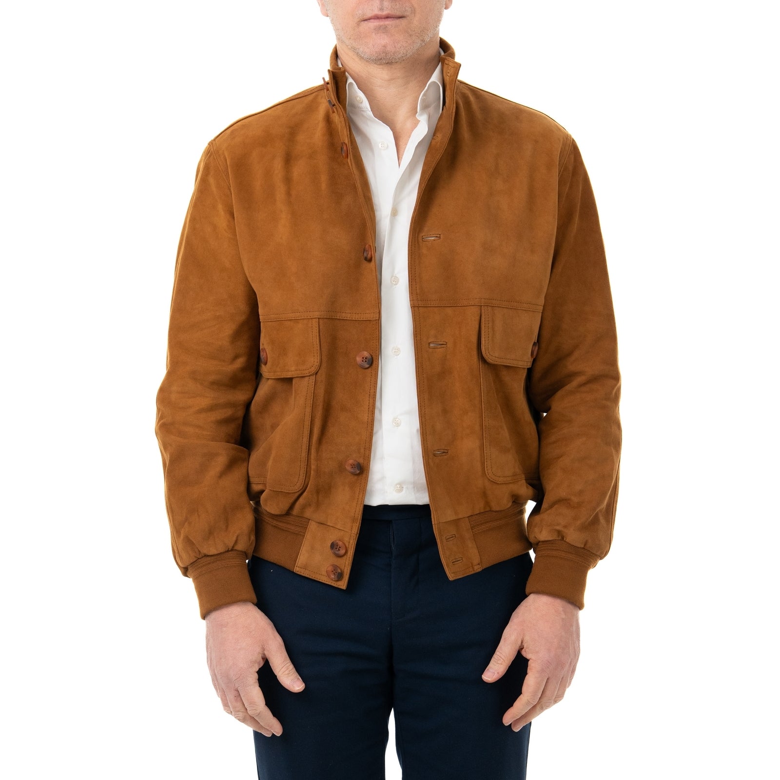 Giacca Bomber In Vera Pelle Camoscio Light Cognac Uomo Slim Con Bottoni E Tasconi Rindway