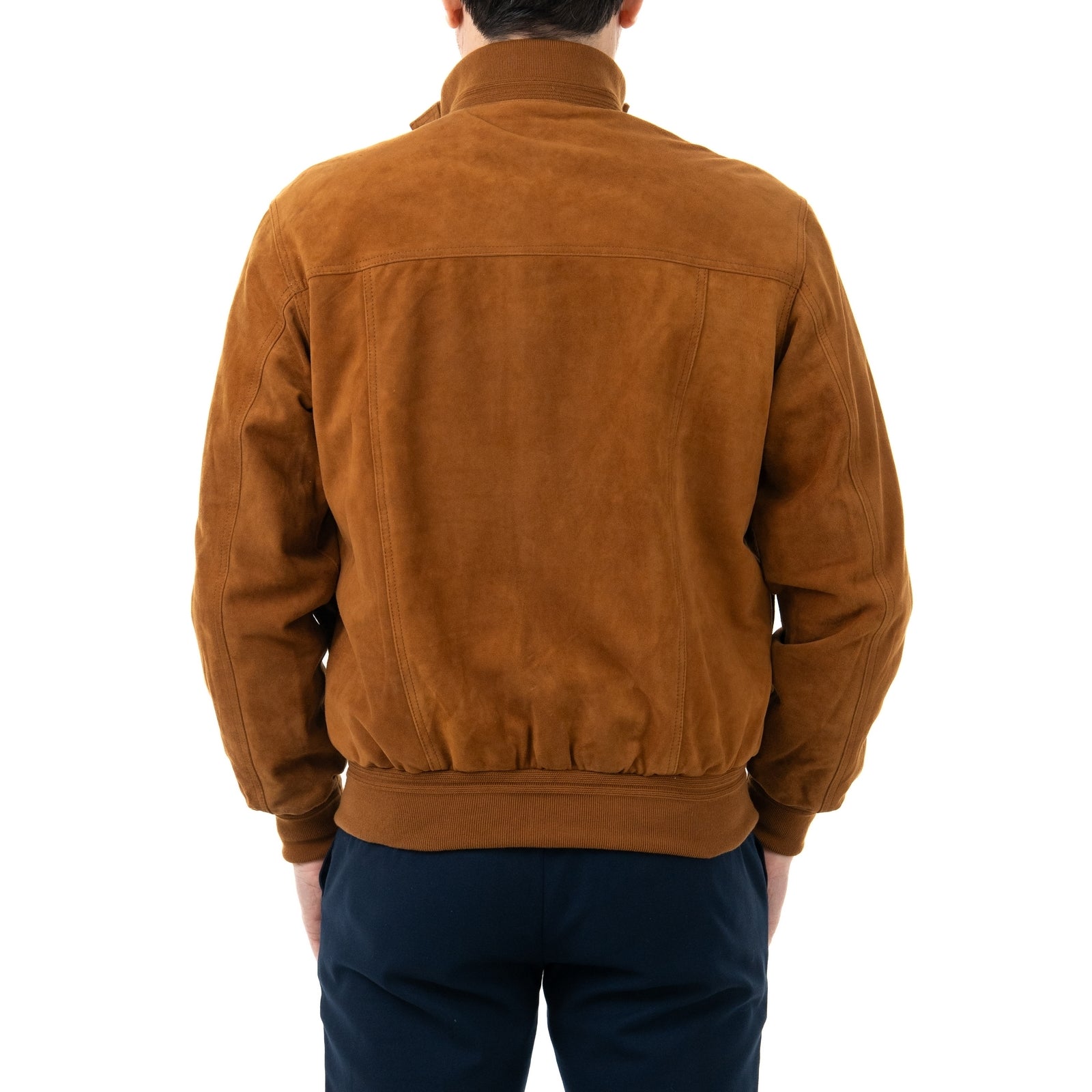 Giacca Bomber In Vera Pelle Camoscio Light Cognac Uomo Slim Con Bottoni E Tasconi Rindway