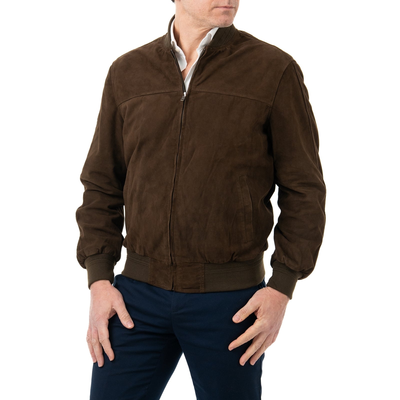 Giacca Bomber In Vera Pelle Camoscio Light MARRONE Uomo Slim Con Cerniera Rindway