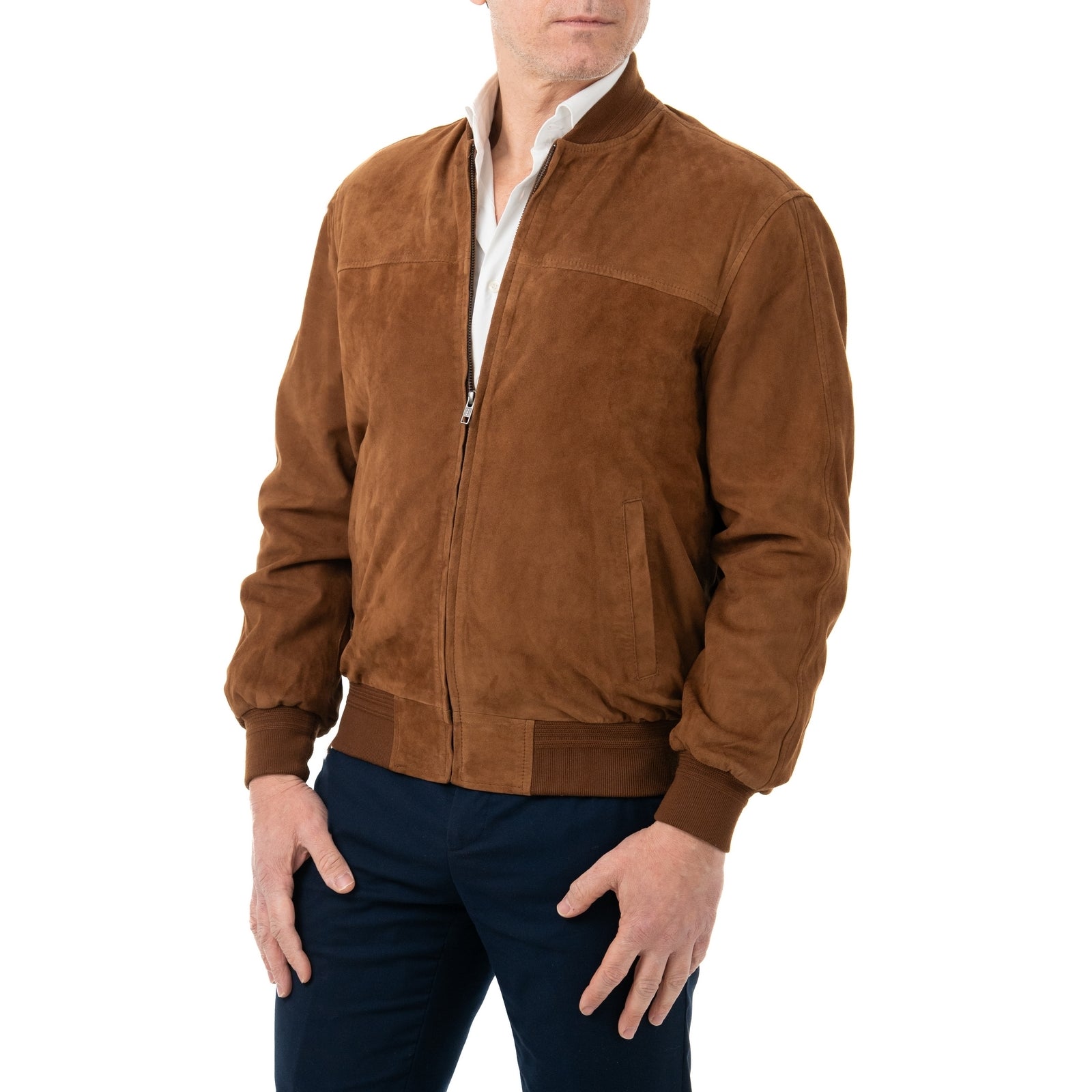 Giacca Bomber In Vera Pelle Camoscio Light WHISKY Uomo Slim Con Cerniera Rindway