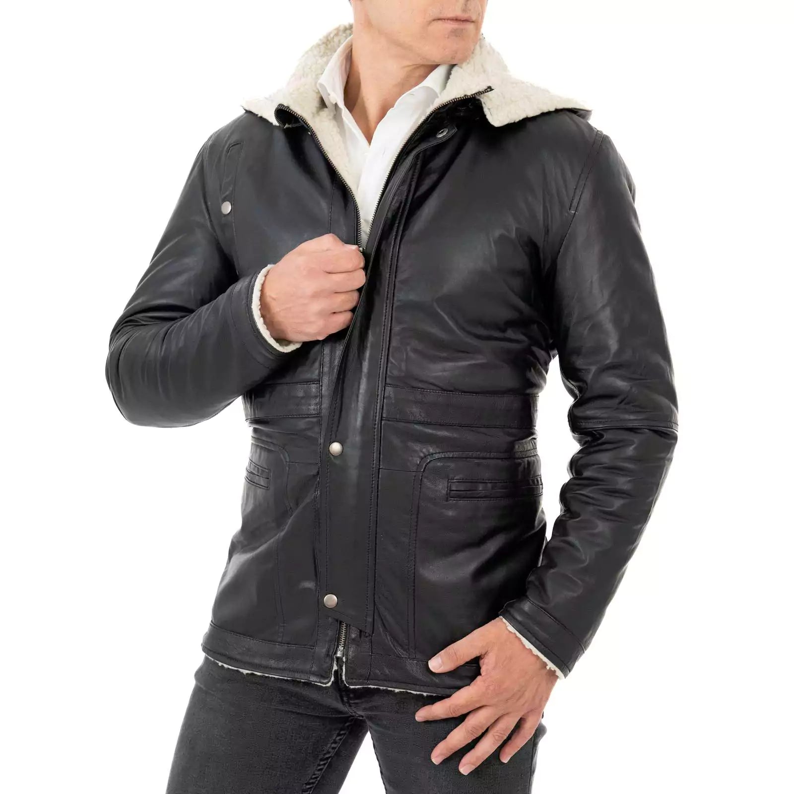 Slim Men's Black Genuine Leather Biker Jacket In Sheepskin Style Collar With Rindway Buckle