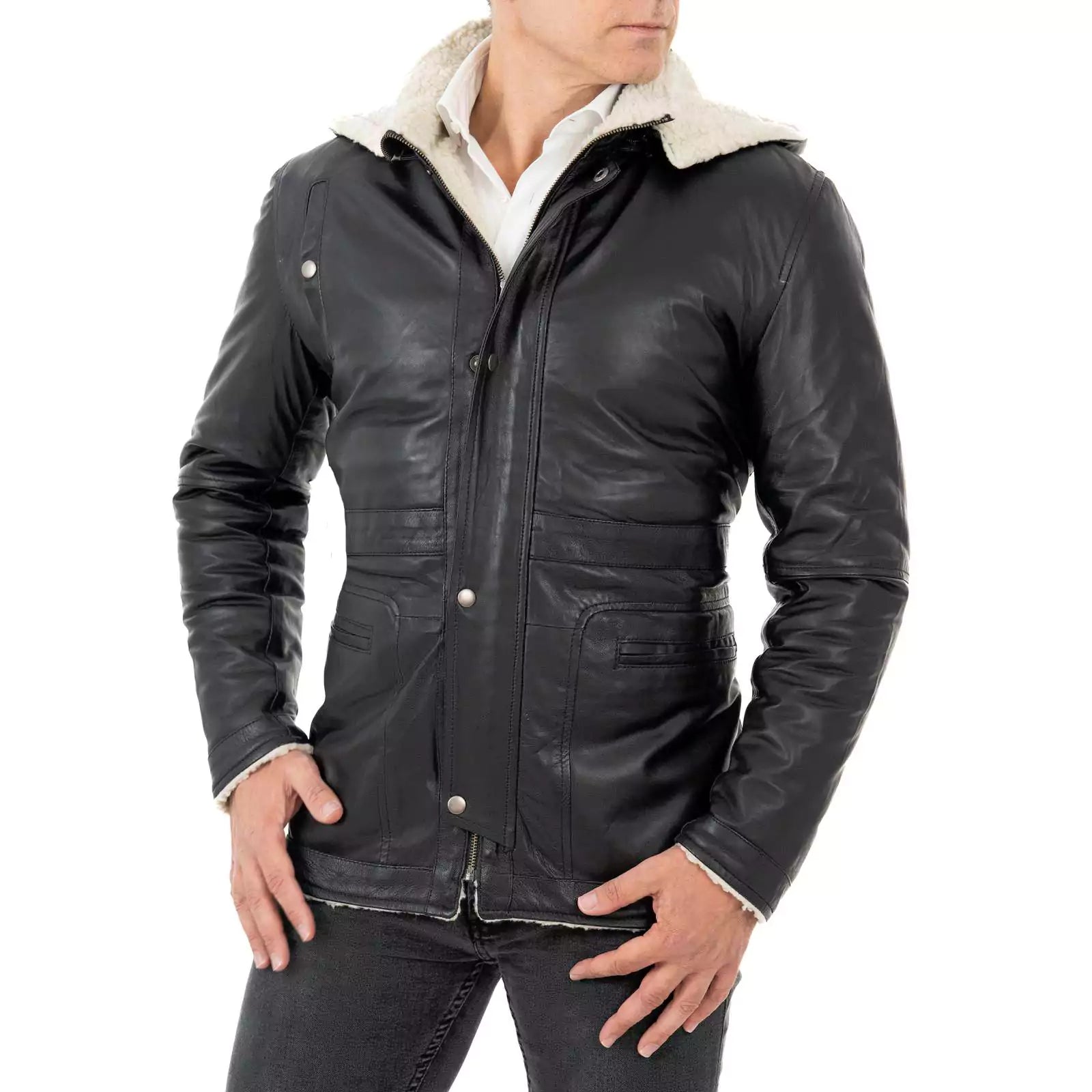 Cappotto Giacca In Vera Pelle Nera Uomo Slim Tasconi In Stile Montone Cappuccio Removibile Rindway