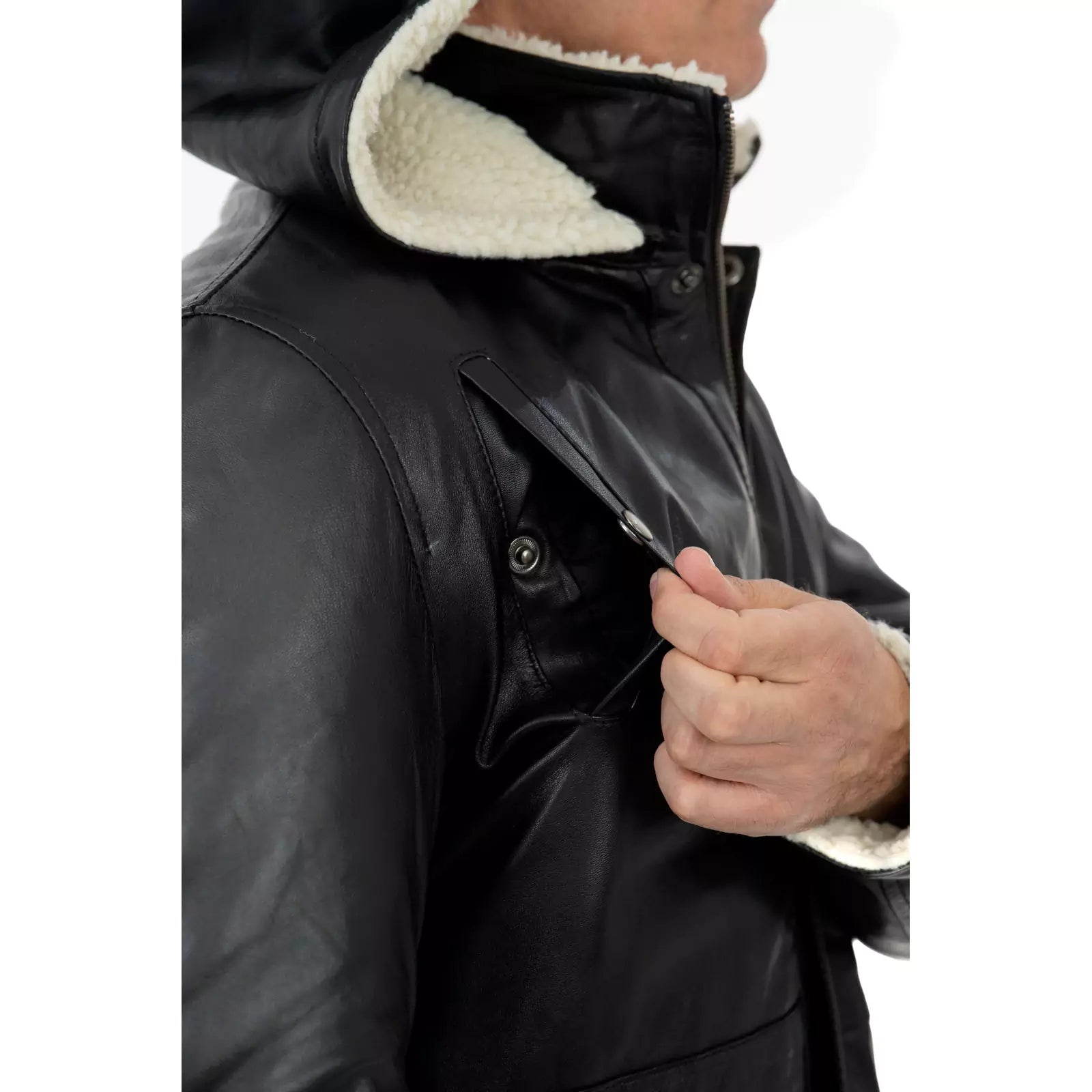 Cappotto Giacca In Vera Pelle Nera Uomo Slim Tasconi In Stile Montone Cappuccio Removibile Rindway