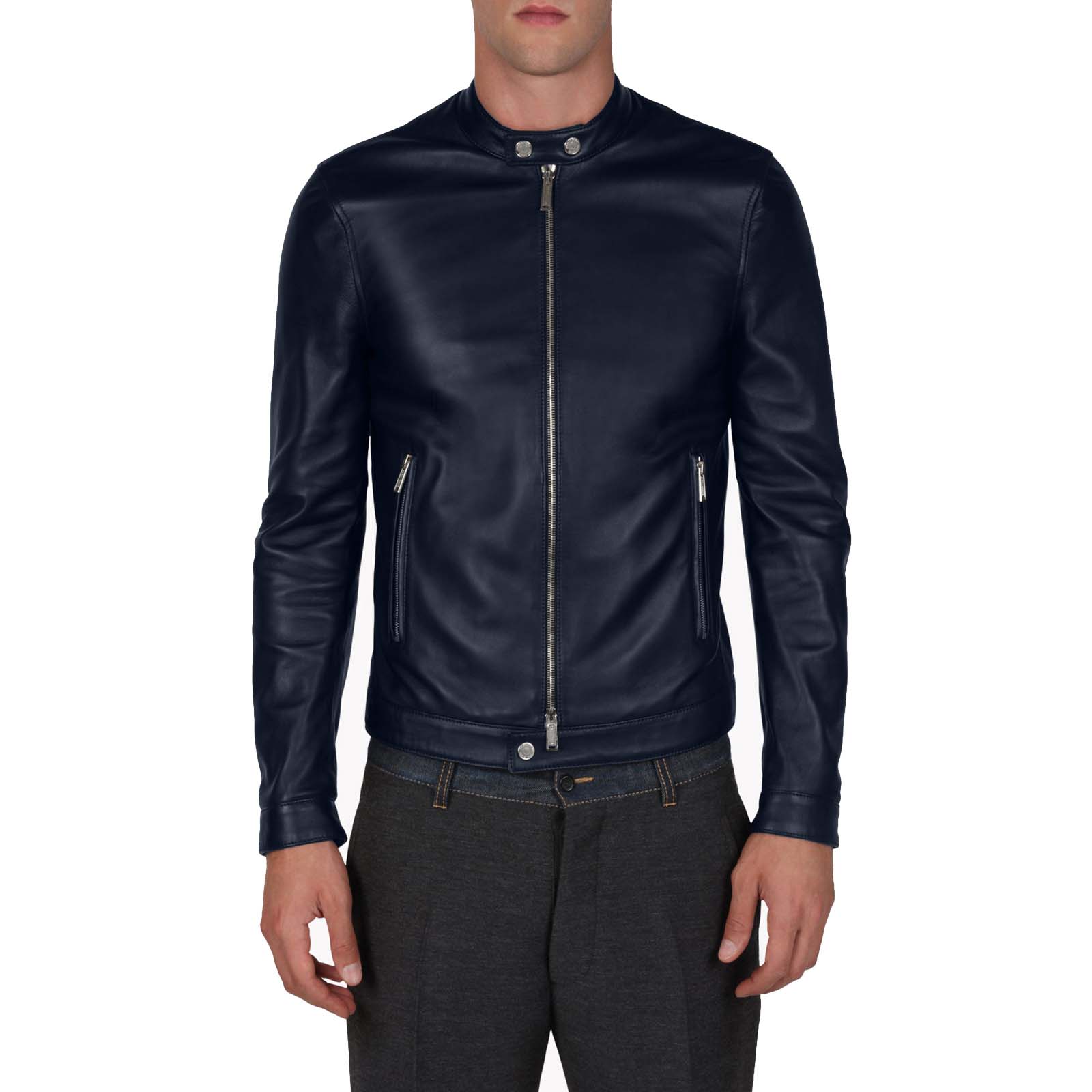 Rindway Men's Blue Genuine Leather Biker Jacket with Buttons Collar