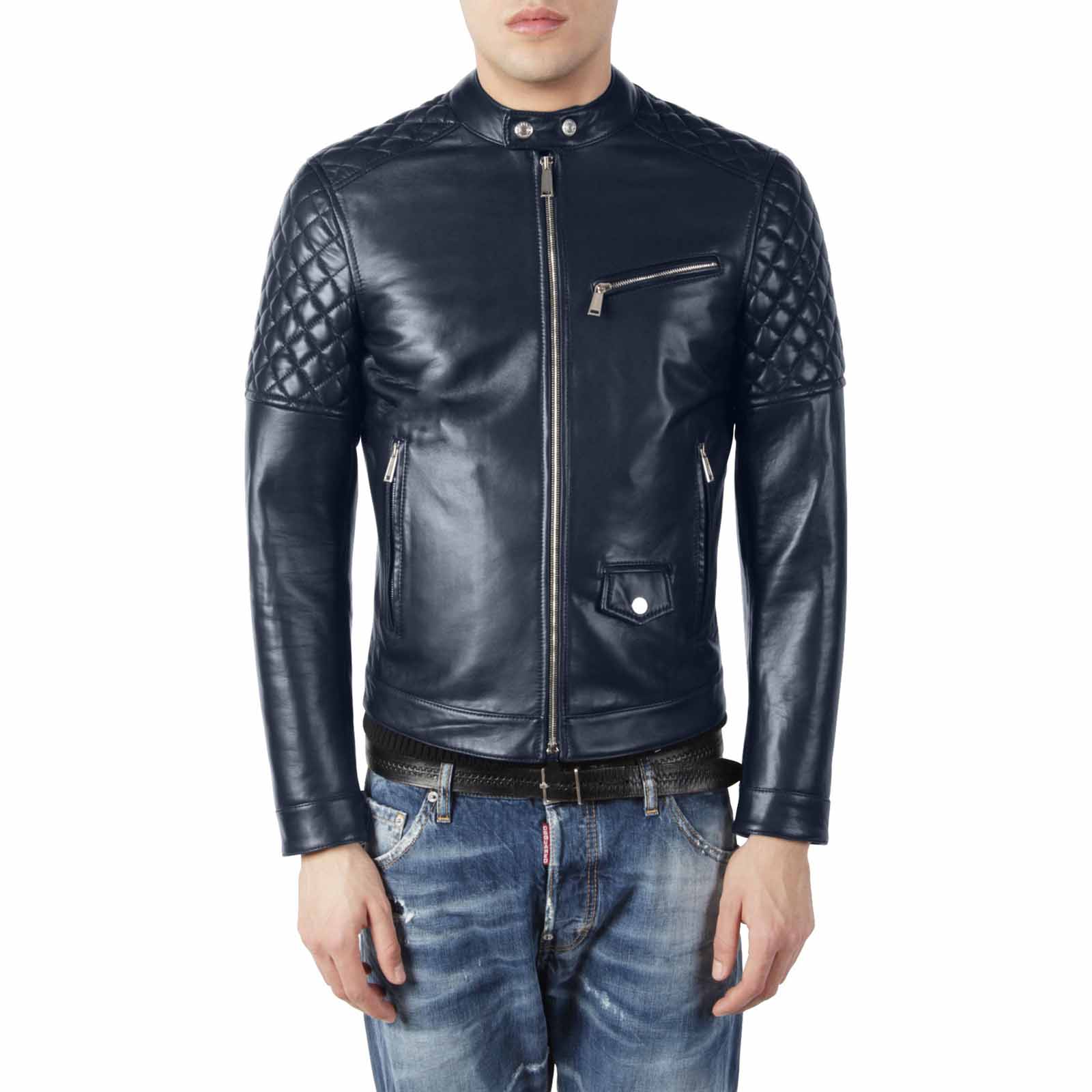 Rindway Men's Blue Genuine Leather Biker Jacket with Diamonds Arms and Shoulders