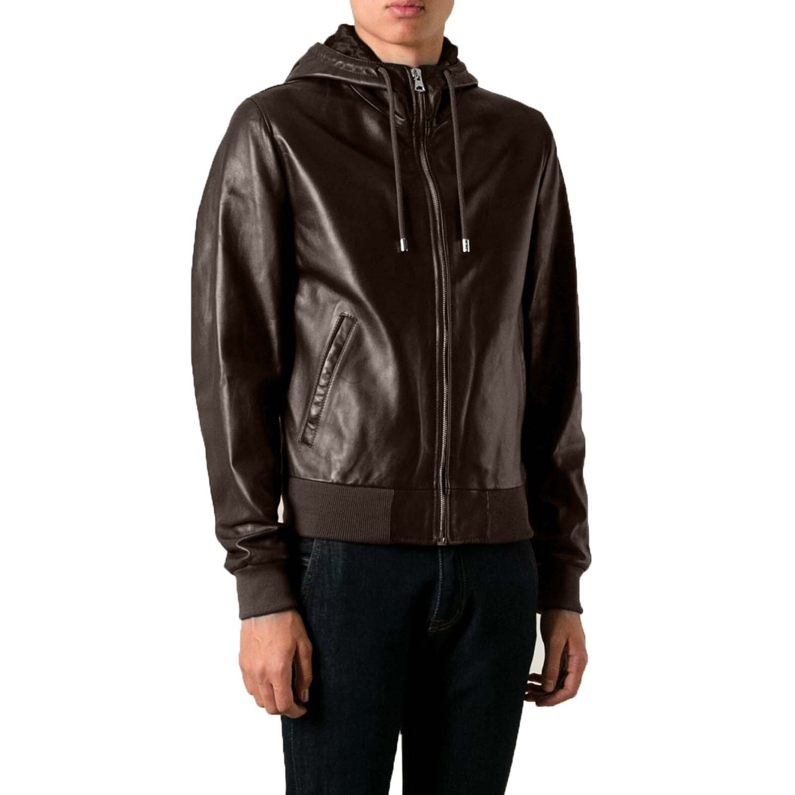 Rindway Slim Men's Brown Genuine Leather Bomber Jacket with Fixed Hood