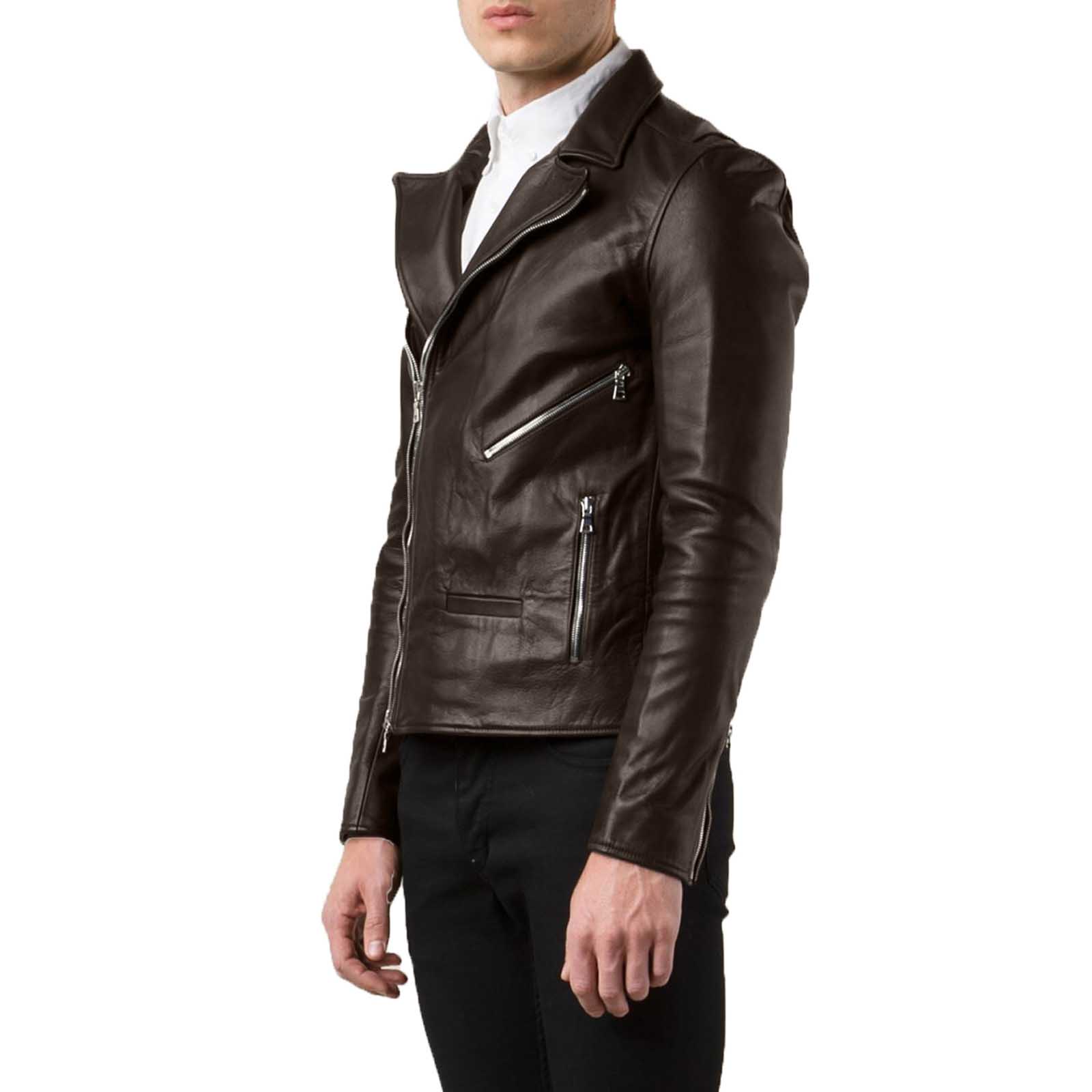 Slim Men's Black Genuine Leather Biker Jacket With Reduced Reverse Rindway