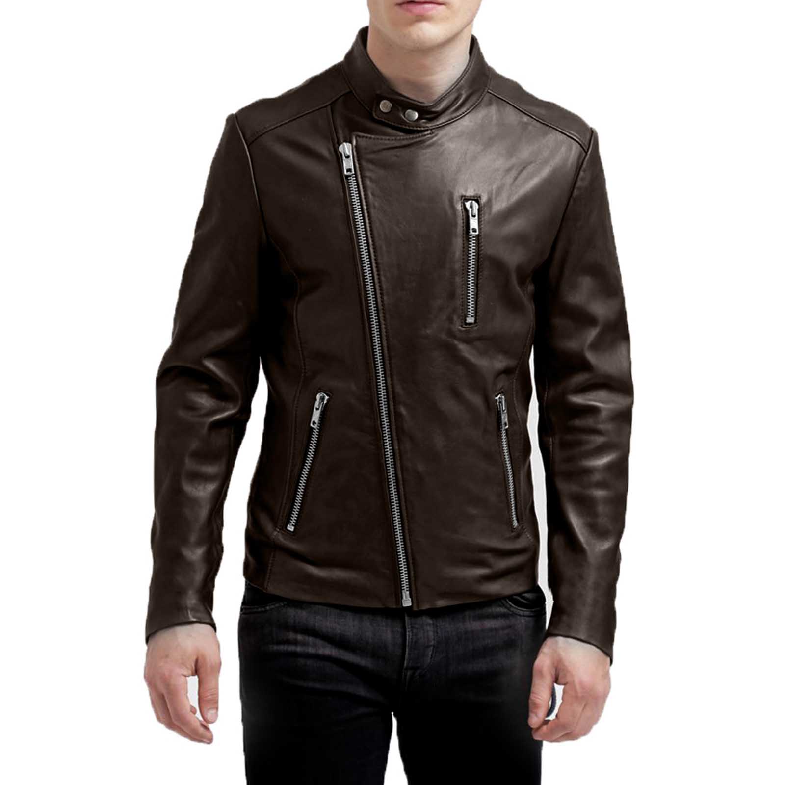 Men's Biker Jacket In Genuine Black Leather Slim Collar With Rindway Buttons