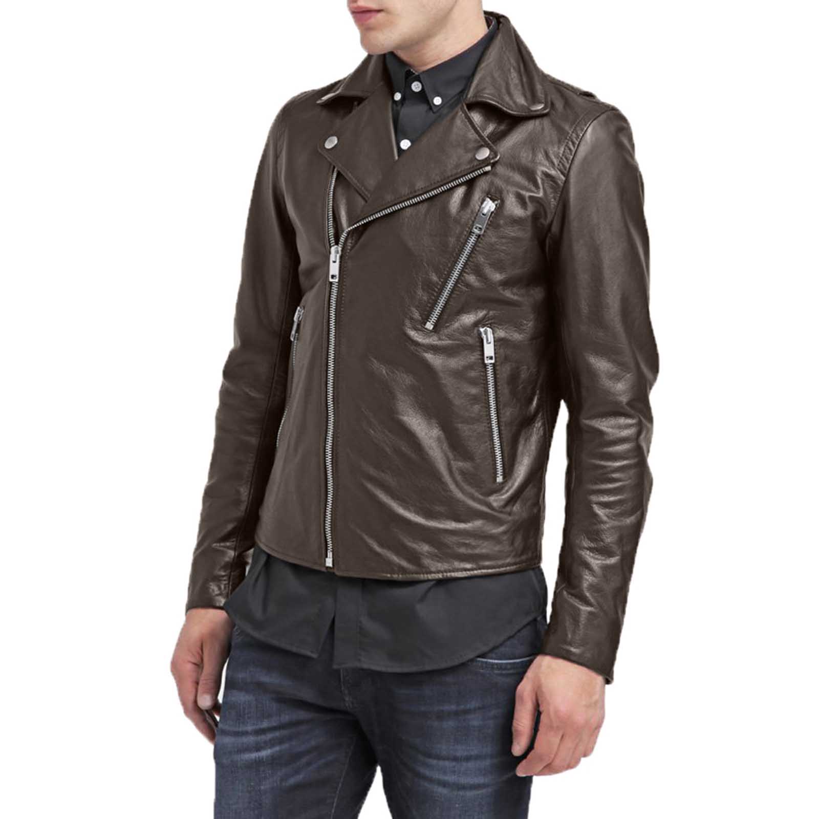 Slim Men's Black Genuine Leather Biker Jacket With Reduced Back and Rindway Ciappe