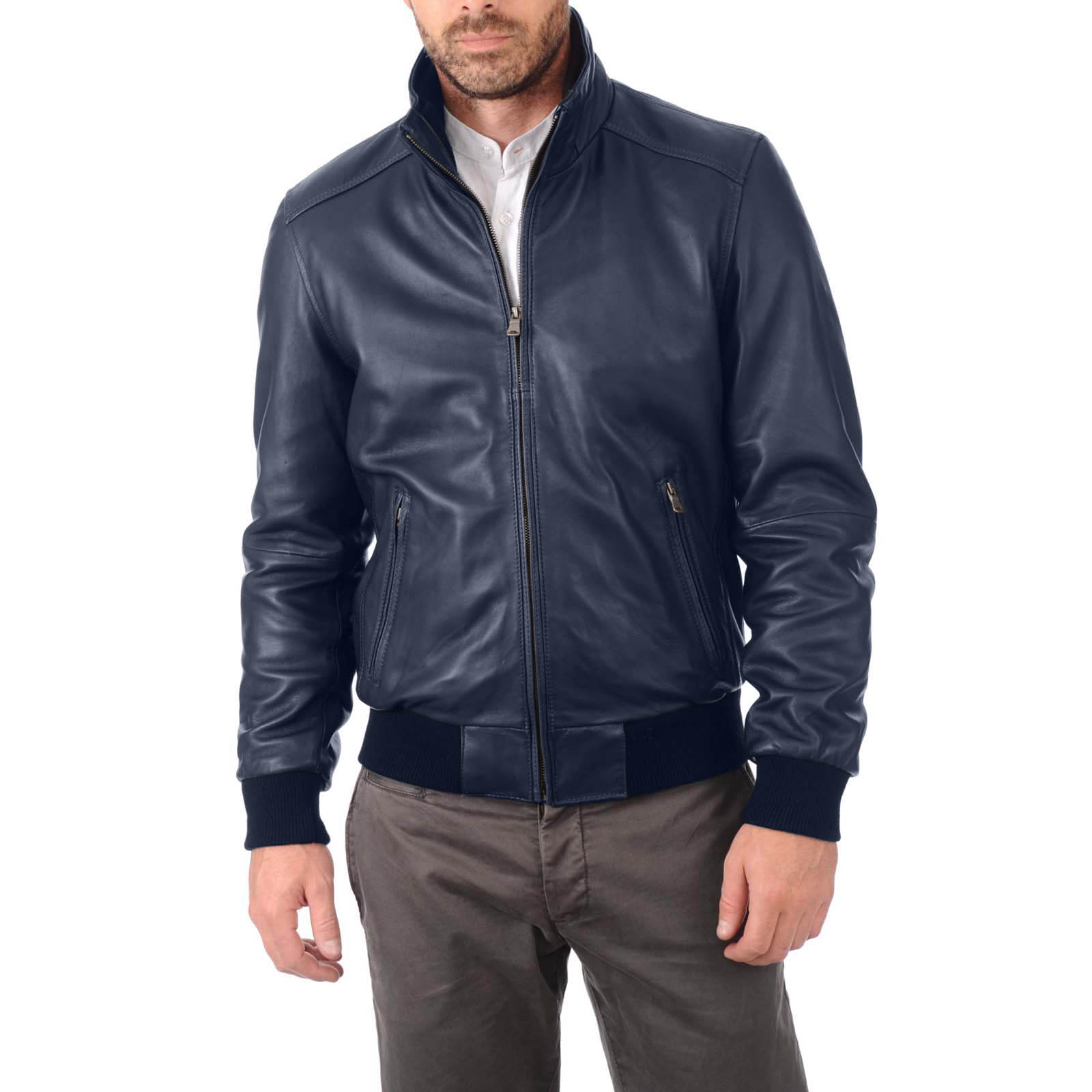 Men's Blue Genuine Leather Bomber Jacket With Rindway Neck Detail