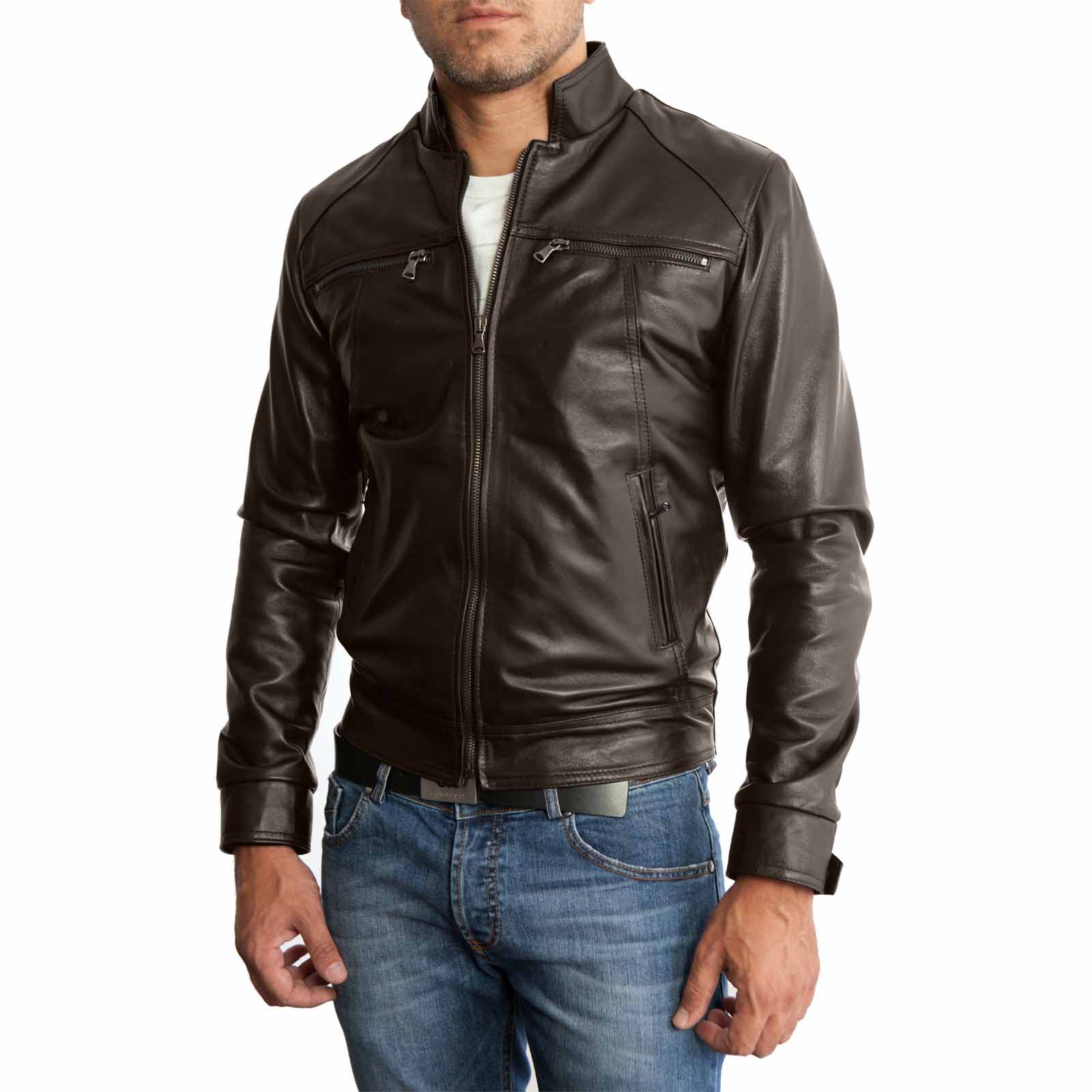 Rindway Slim Men's Genuine Leather Biker Jacket with Four Pockets