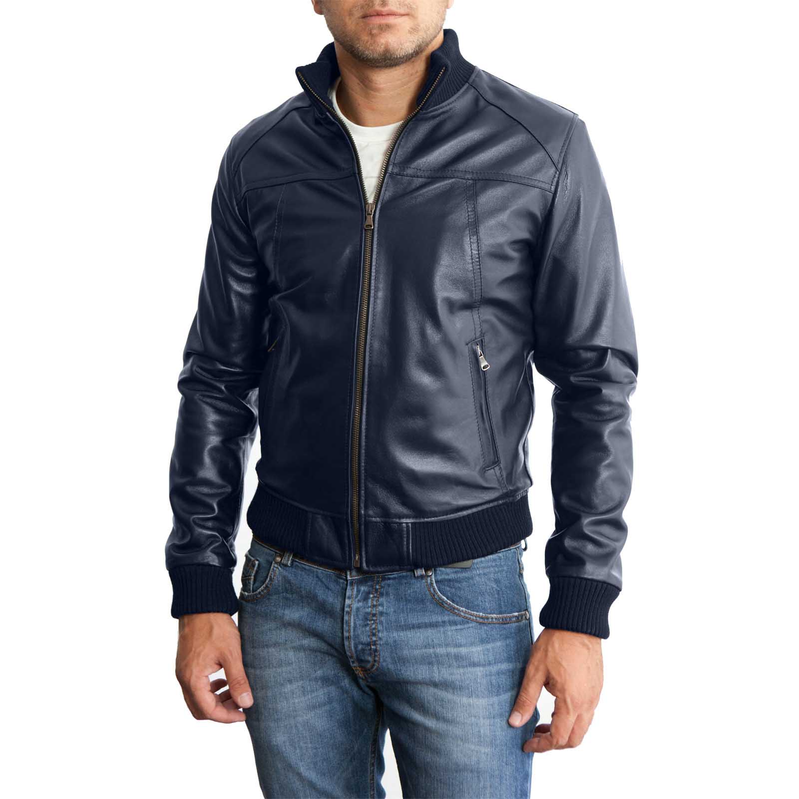 Slim Men's Genuine Leather Bomber Jacket With Front Cuts Rindway Outlet