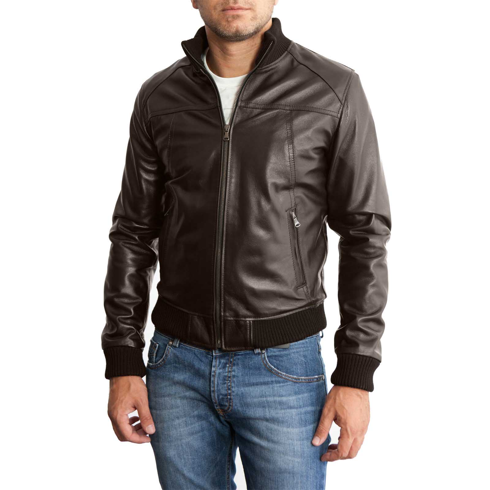 Rindway Slim Men's Black Genuine Leather Bomber Jacket with Front Cuts