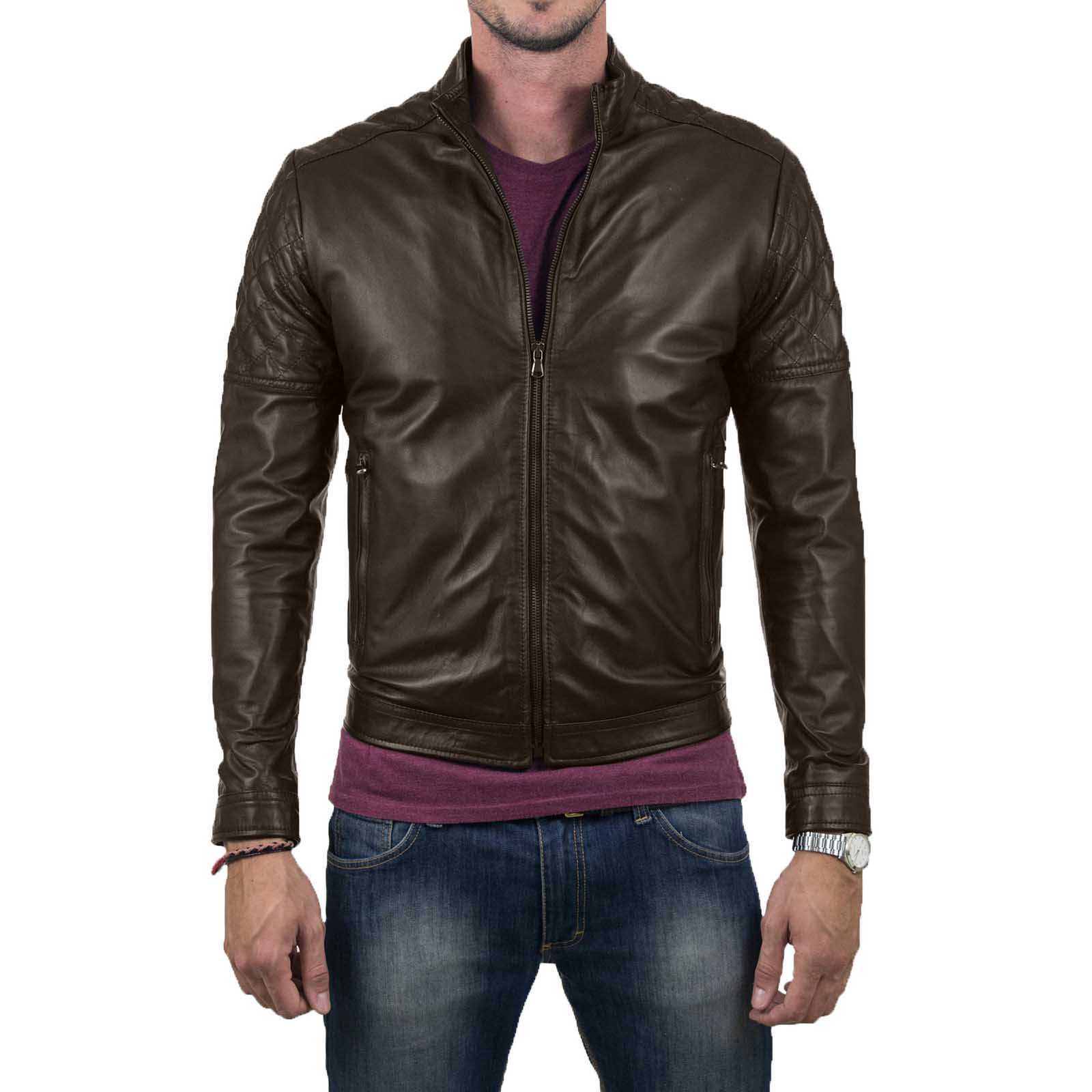 Slim Men's Black Genuine Leather Biker Jacket With Diamond Arms and Shoulders Rindway