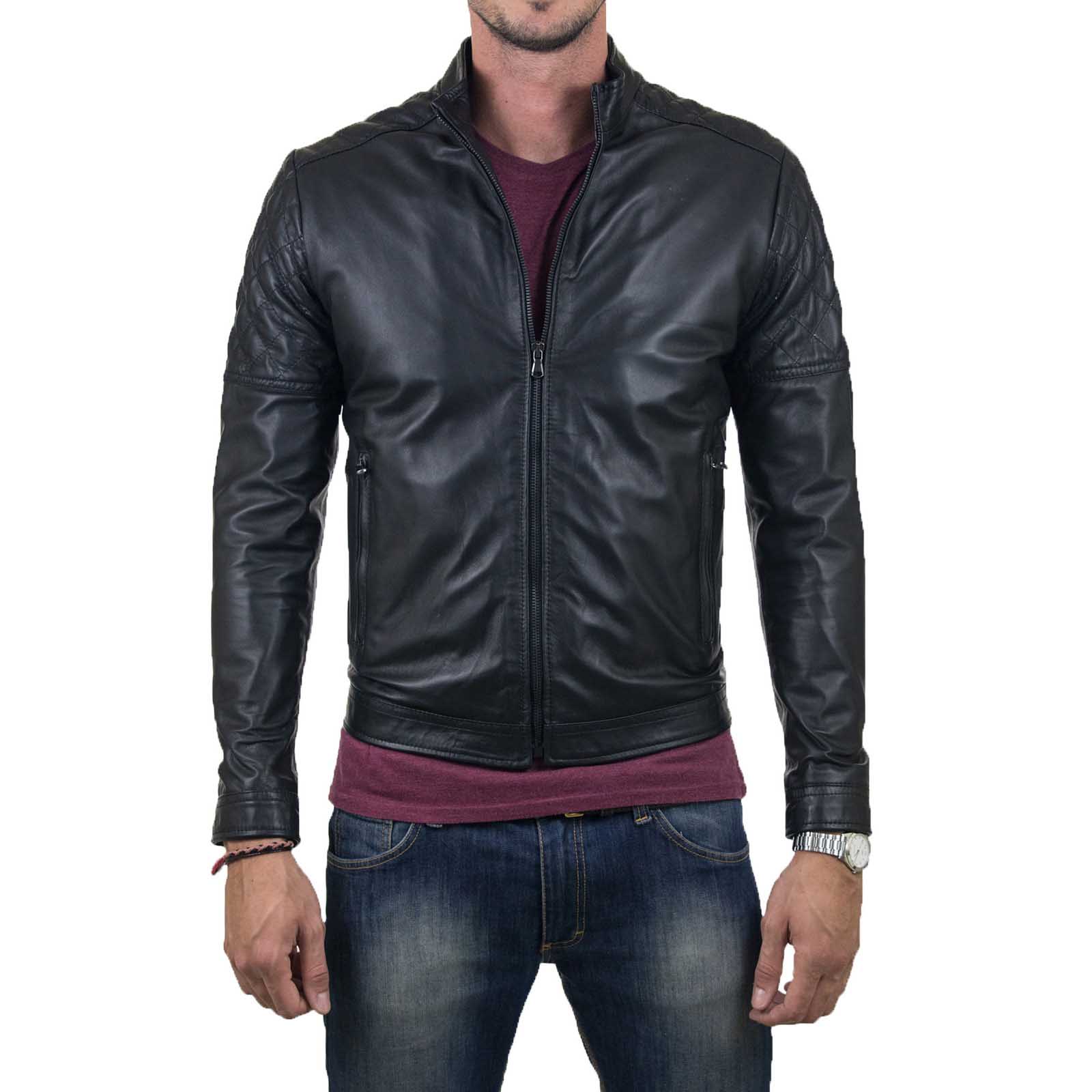 Slim Men's Black Genuine Leather Biker Jacket With Diamond Arms and Shoulders Rindway