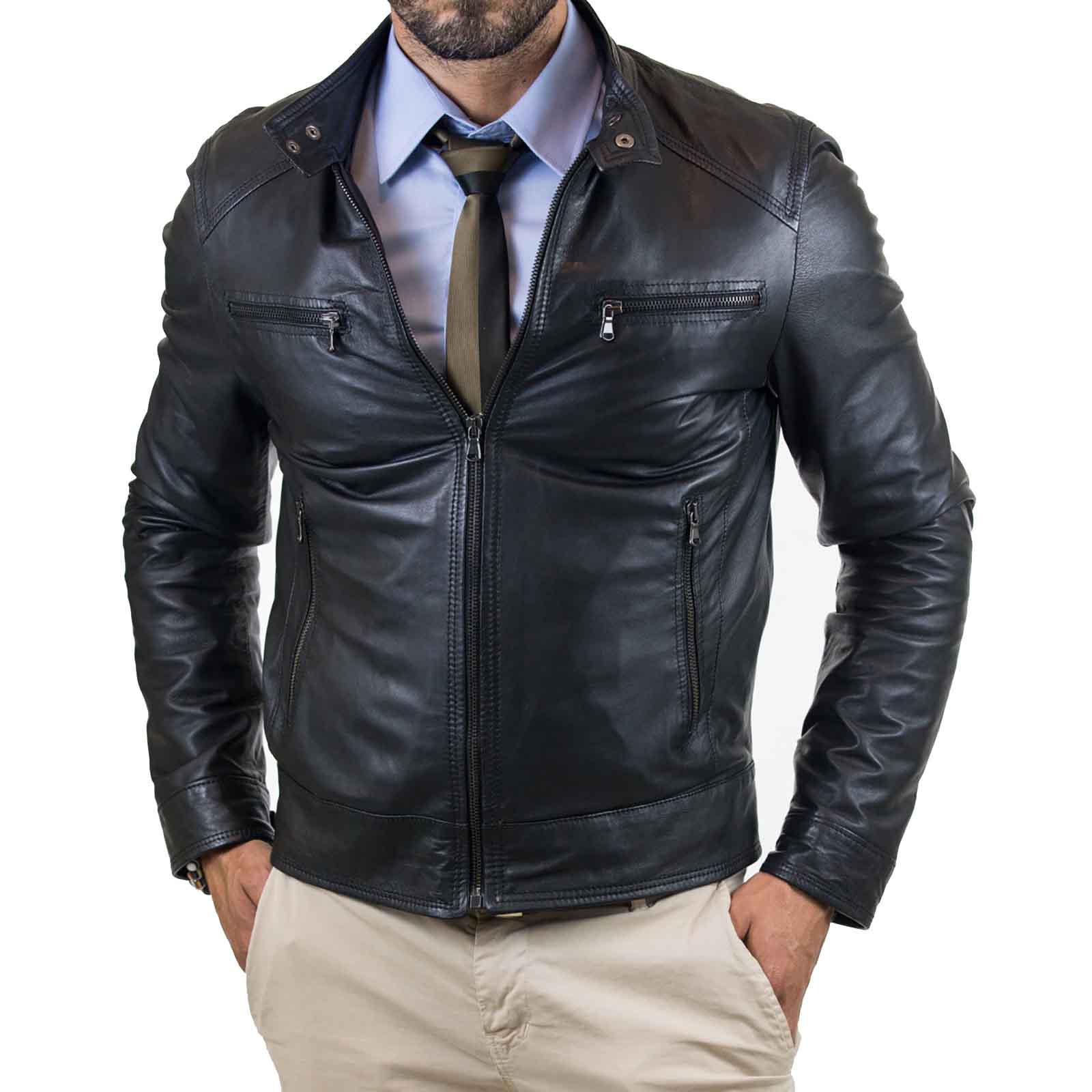 Rindway Slim Men's Black Genuine Leather Biker Jacket with Four Pockets