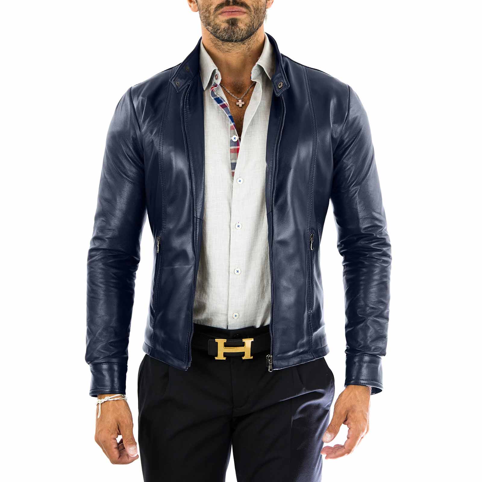 Rindway Men's Black Genuine Leather Biker Jacket Blue Slim Front Stitching