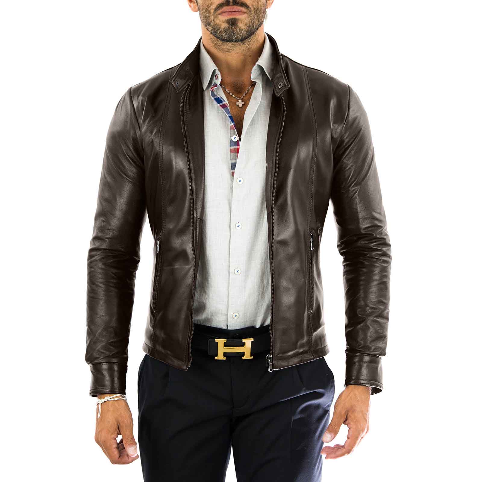 Giacca Biker In Vera Pelle Marrone Uomo Slim Cuciture Frontali Rindway